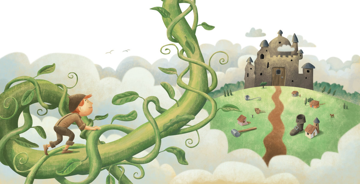 Ilustração de João e o pé de feijão - João subindo o pé de feijão e avistando a casa do gigante.
