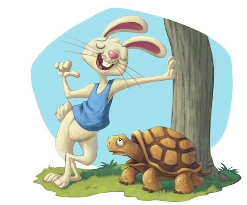 Ilustração de um coelho conversando com uma tartaruga. Fábulas Infantis