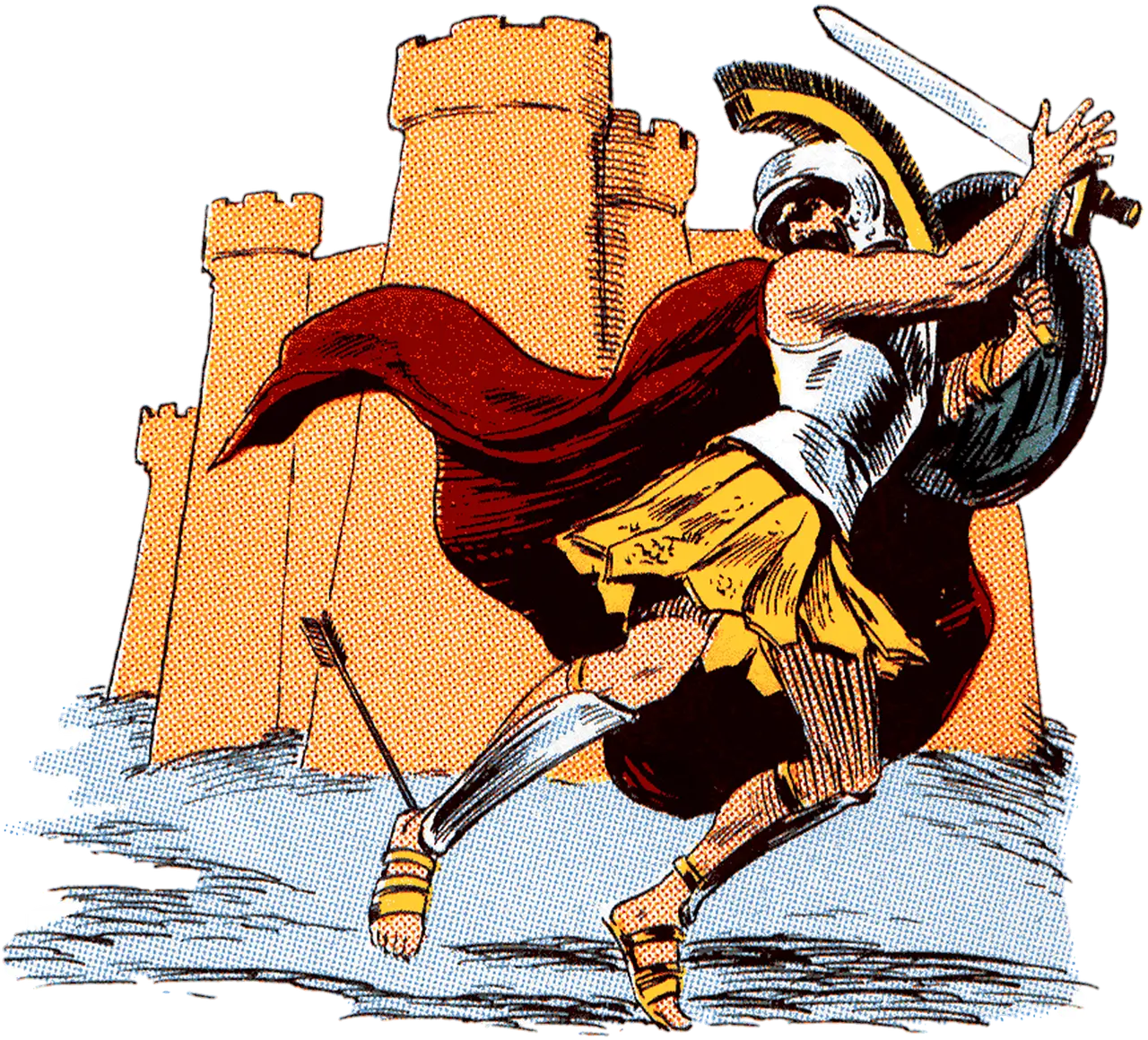 ilustração da História de Aquiles com uma flecha no calcanhar