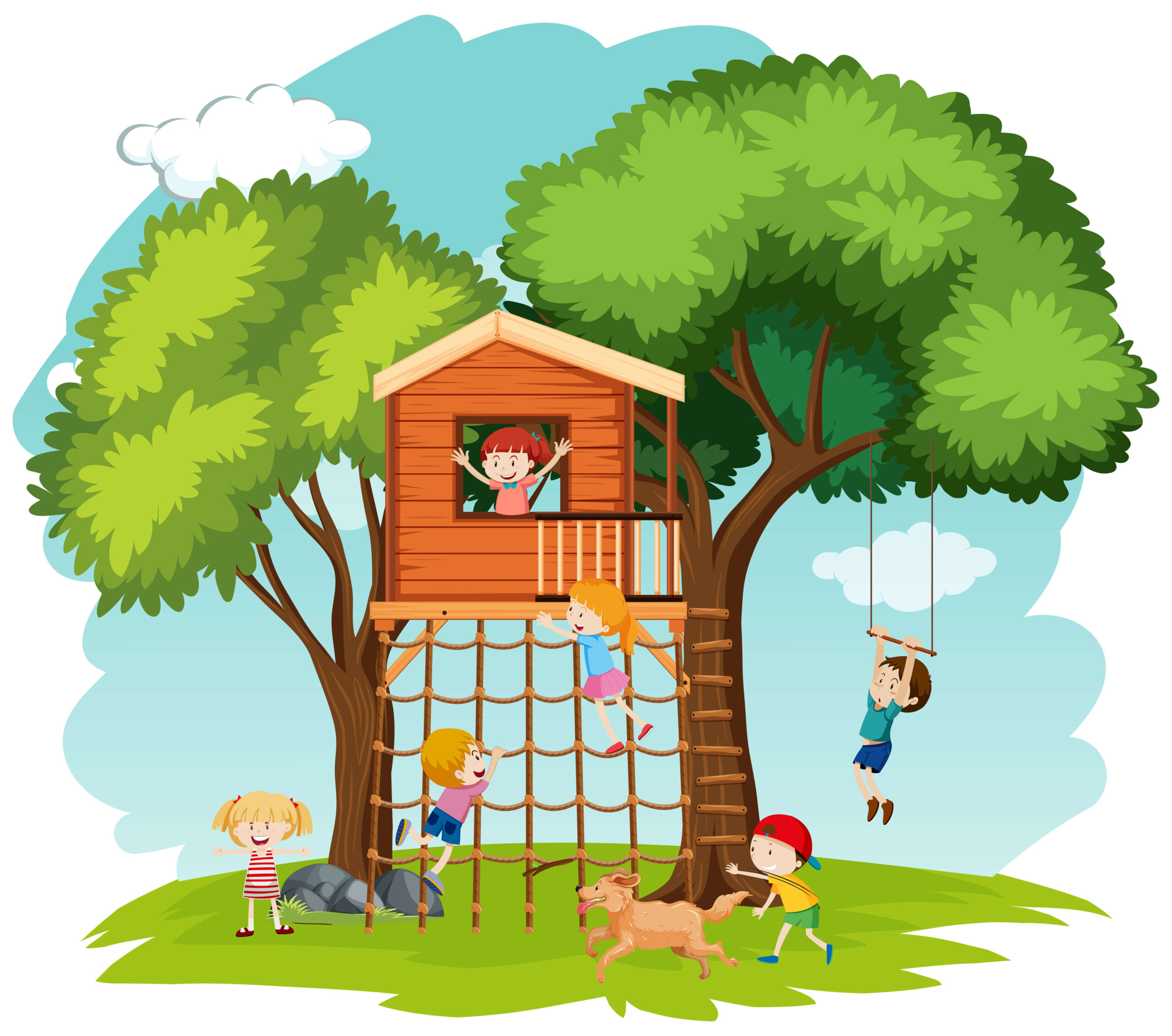 Crianças brincando em uma casa na árvore