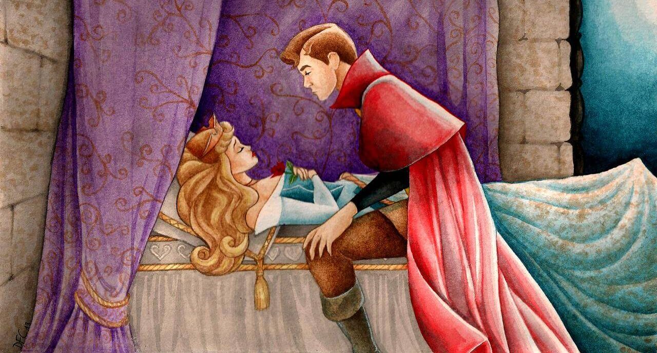 Contos de Fadas: A Bela adormecida - Bela dormindo enquanto o príncipe a observa