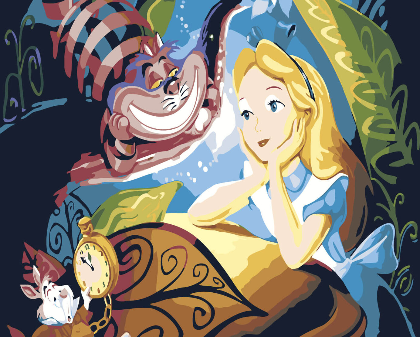 Alice no país das maravilhas - imagem colorida de Alice, o gato e o coelho.