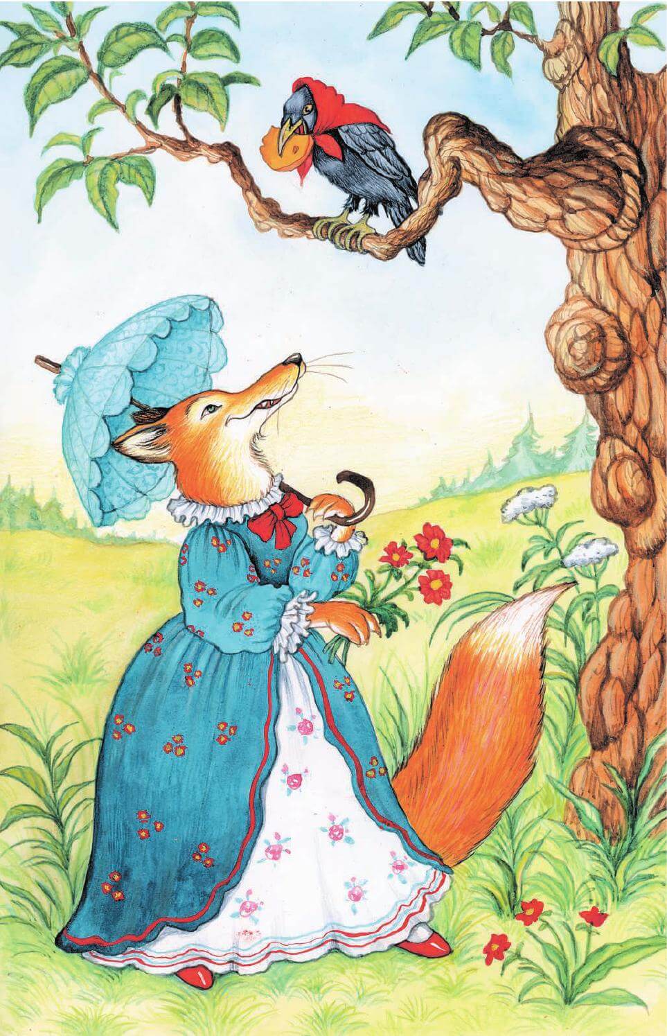 Ilustração de uma raposa olhando e desejando o queijo que está na boca de um corvo no alto de uma árvore - fábula o corvo e a raposa. Fábulas Infantis