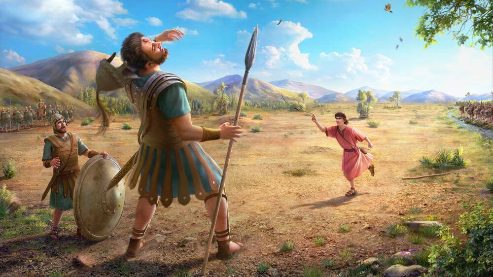 Davi derrubando o gigante Golias com apenas 1 pedra- histórias infantis da bíblia