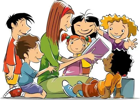 Ilustração de uma professora lendo para 6 crianças