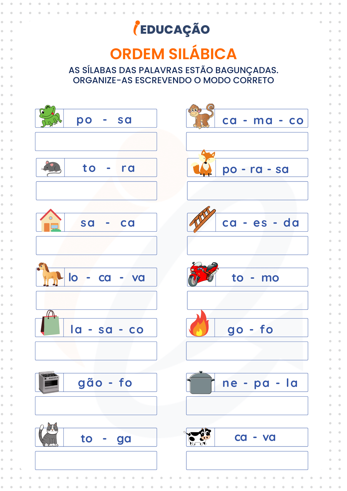 Atividade de alfabetização para o 1º ano. atividade de ordem silábica.