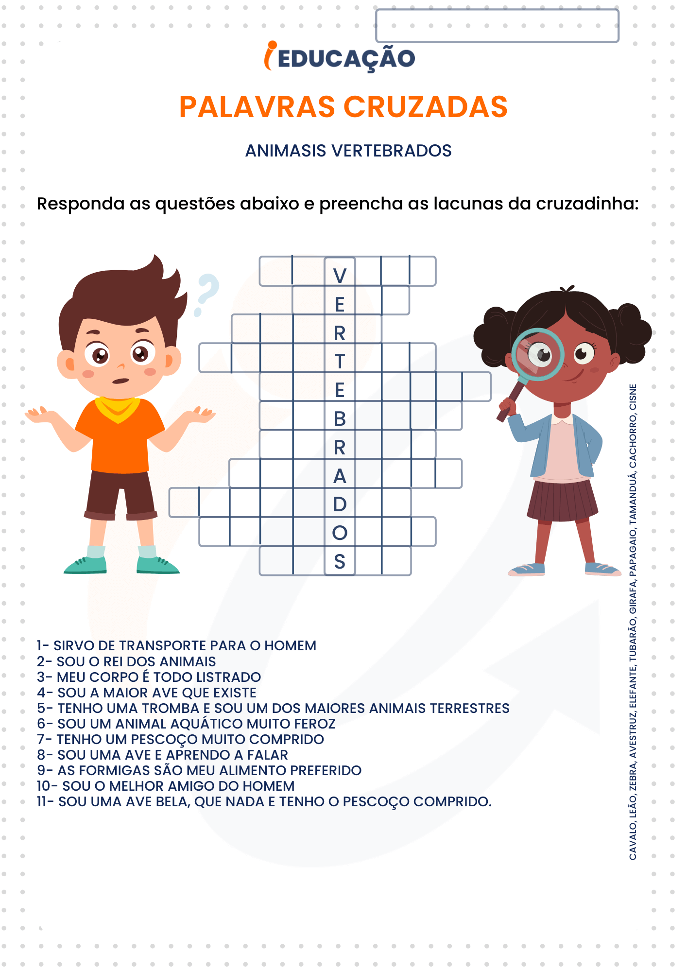 Atividade de alfabetização - palavras cruzadas - 3º ano - animais vertebrados