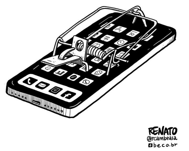 Por que o uso de telas é algo tão viciante? - ilustração de um celular como uma ratoeira.