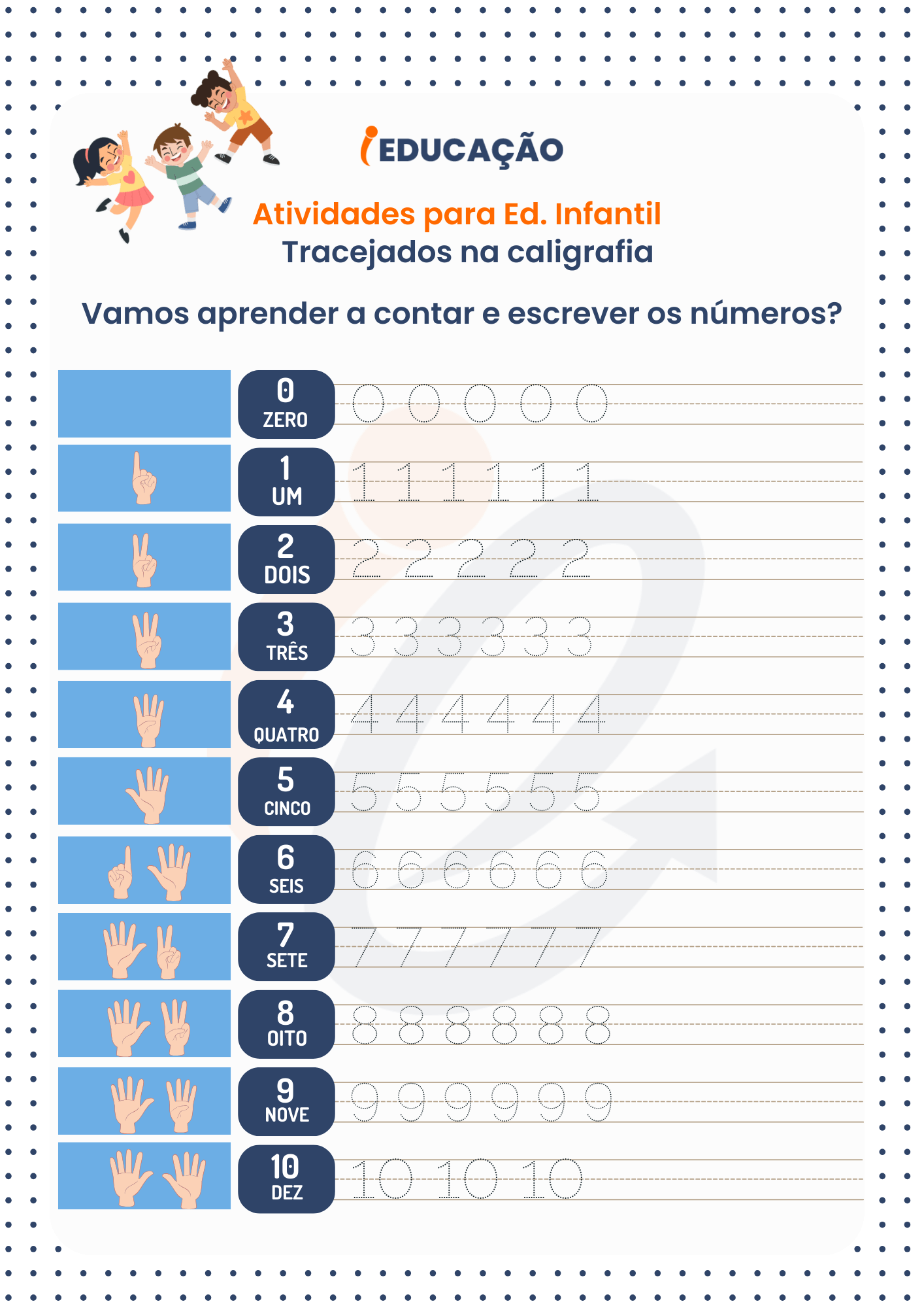 Atividades de Tracejados na caligrafia. Atividades para aprender a escrever os números. Material Exclusivo iEducação.