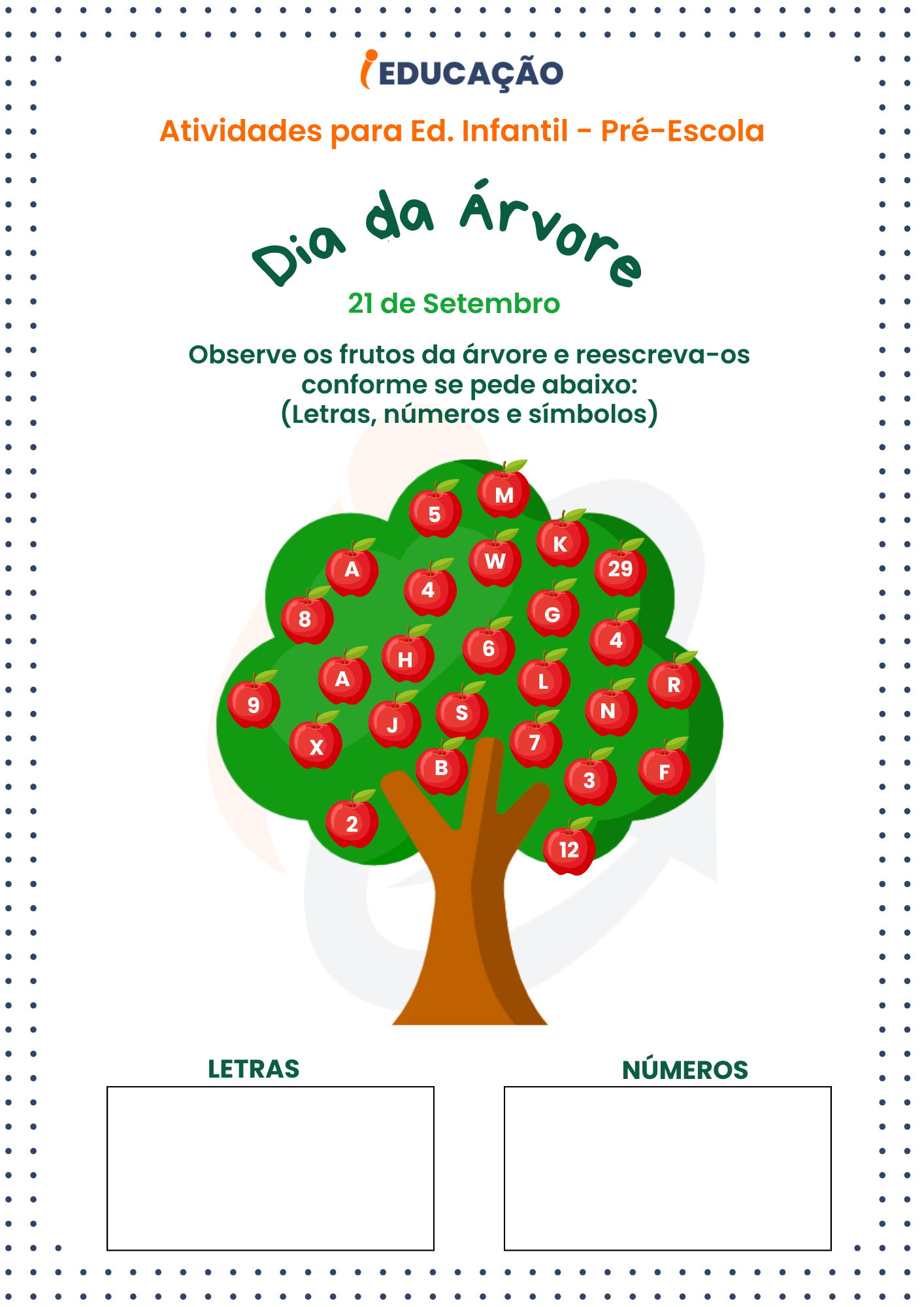 Atividade do dia da árvore para a educação infantil - Letras e números para a pré-escola