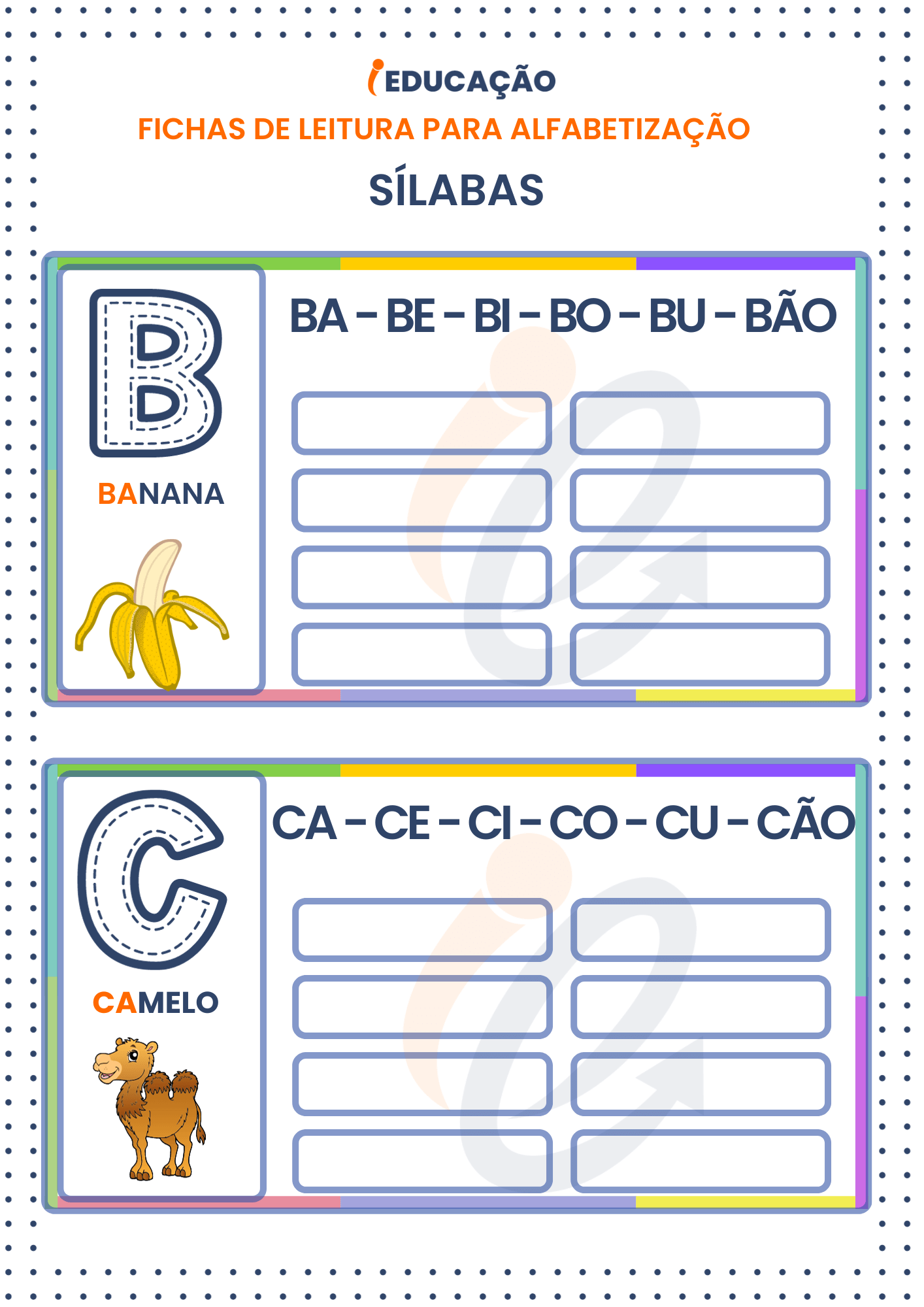 Fichas de Leitura Sílabas para Alfabetização: Sílabas das letras b e c