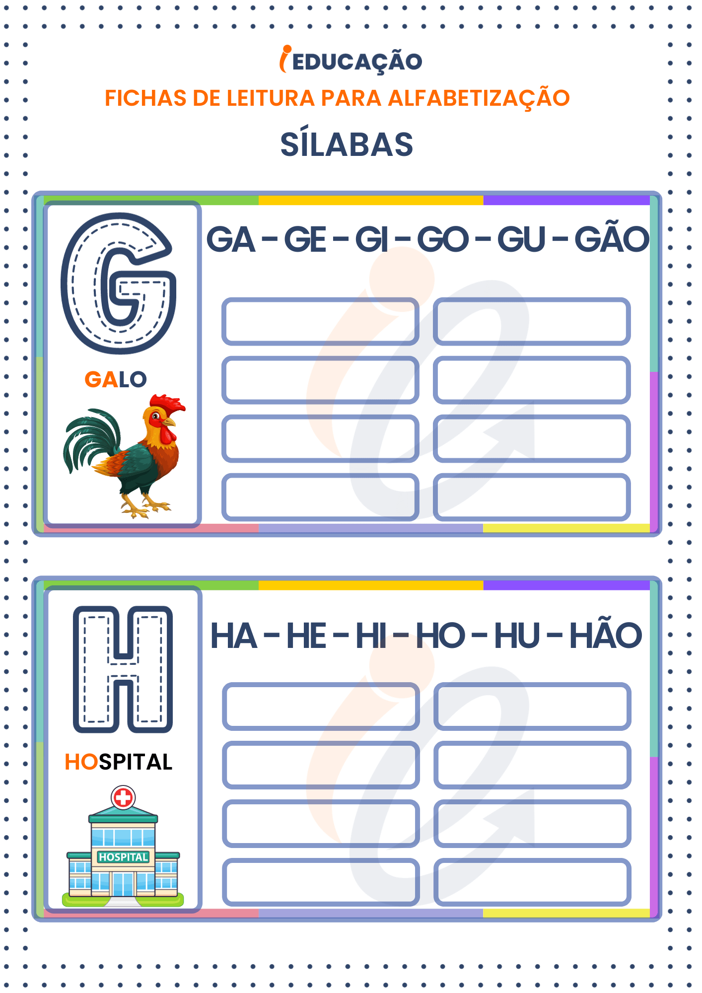 Fichas de Leitura Sílabas para Alfabetização: Sílabas das letras g e h