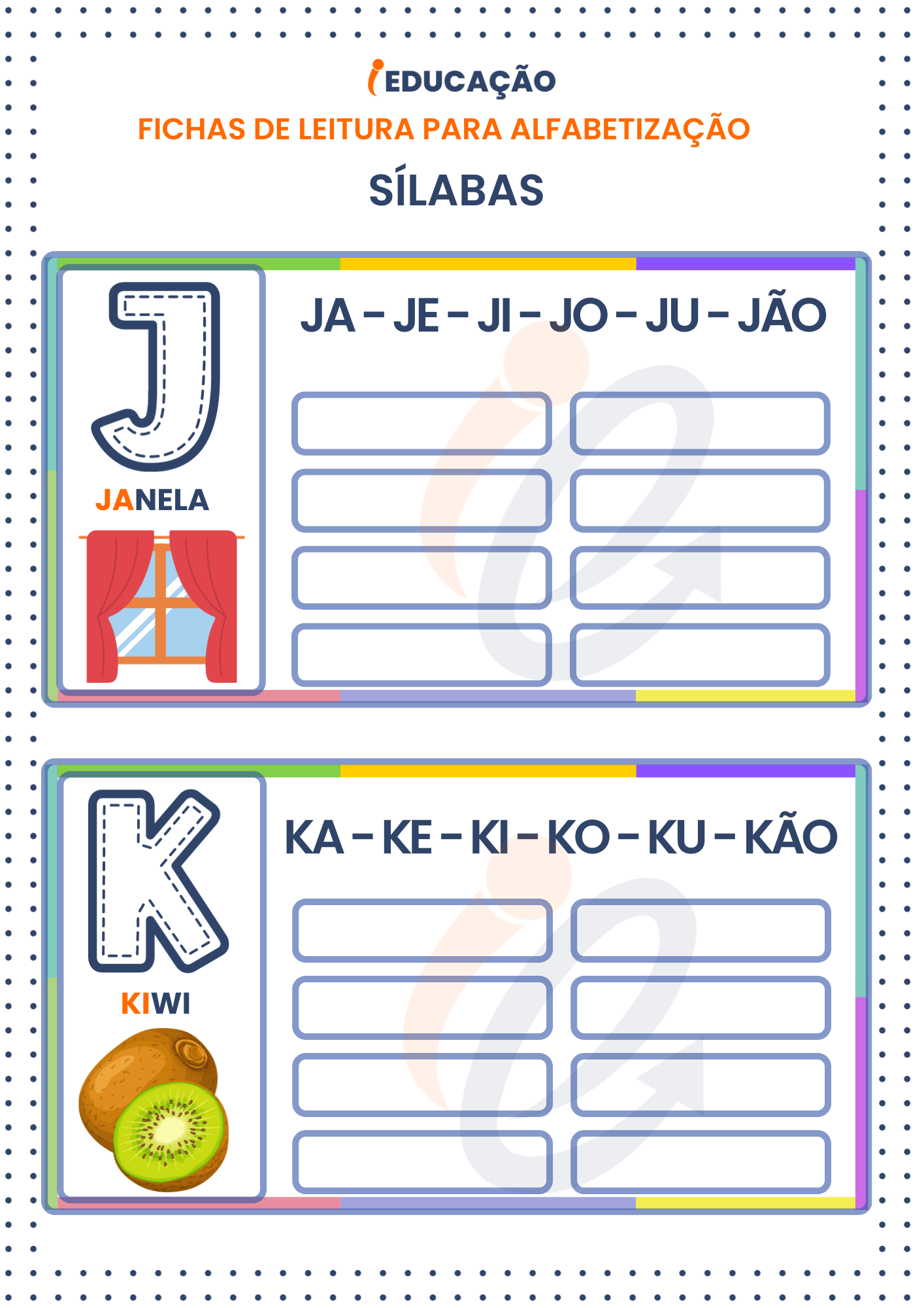 Fichas de Leitura Sílabas para Alfabetização: Sílabas das letras J e K