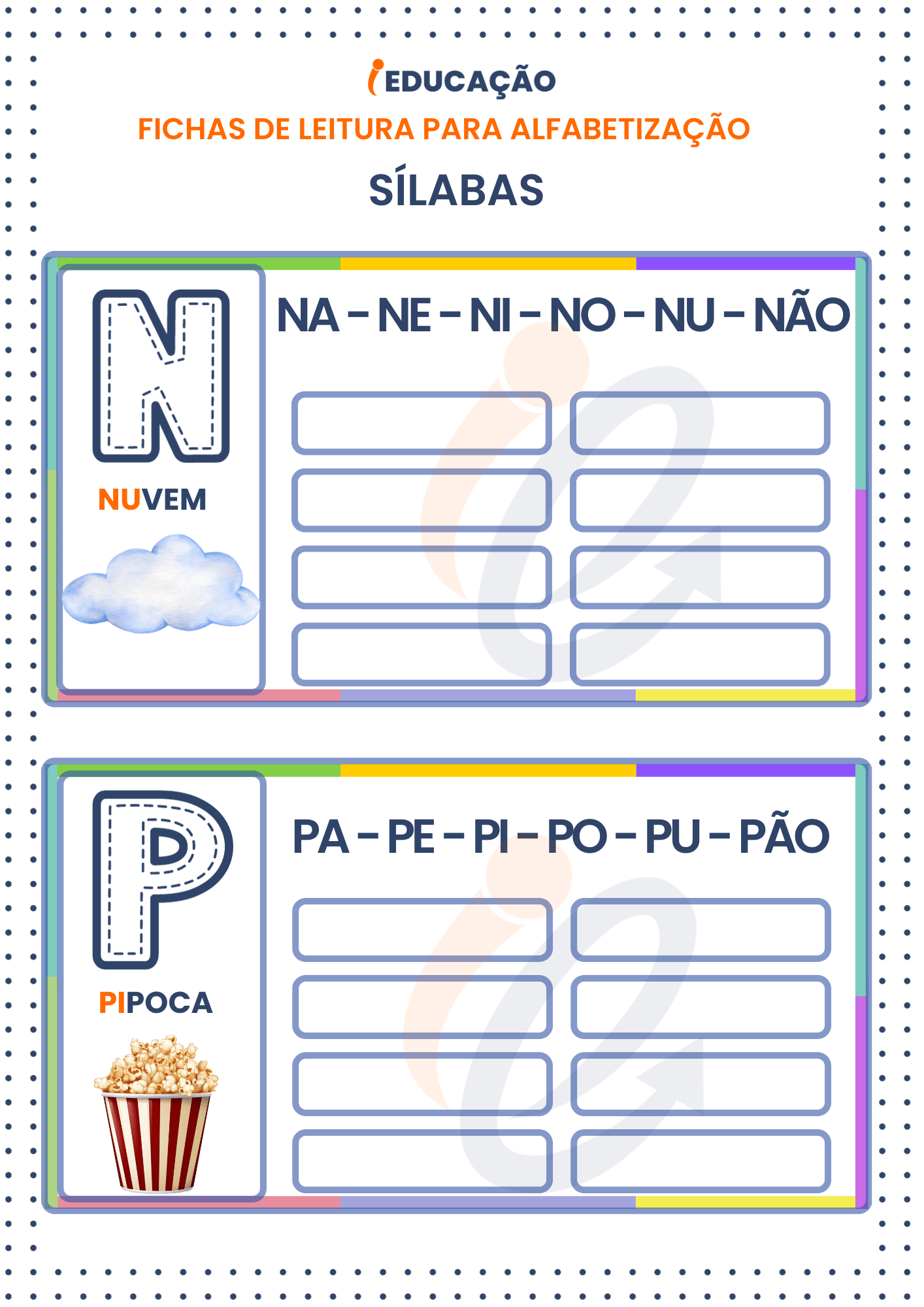 Fichas de Leitura Sílabas para Alfabetização: Sílabas das letras N e P