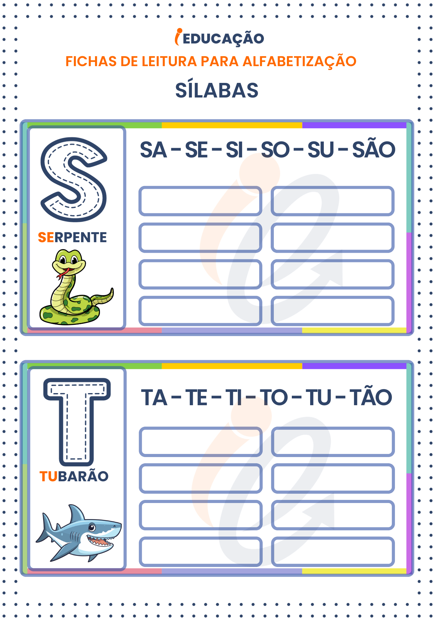 Fichas de Leitura Sílabas para Alfabetização: Sílabas das letras S e T