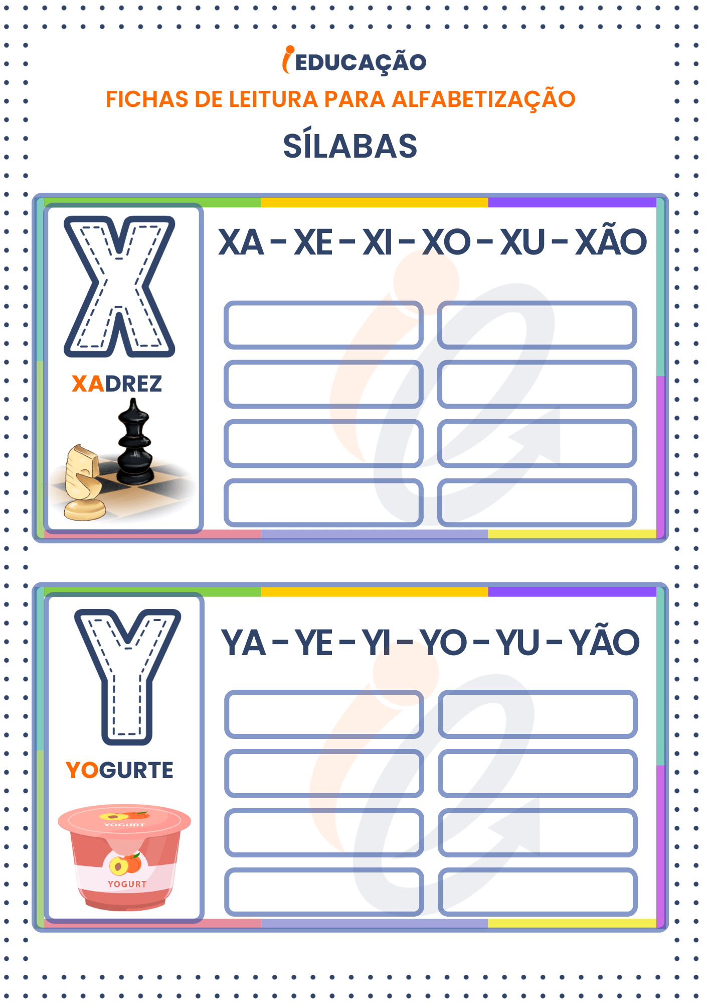 Fichas de Leitura Sílabas para Alfabetização: Sílabas das letras X e Y