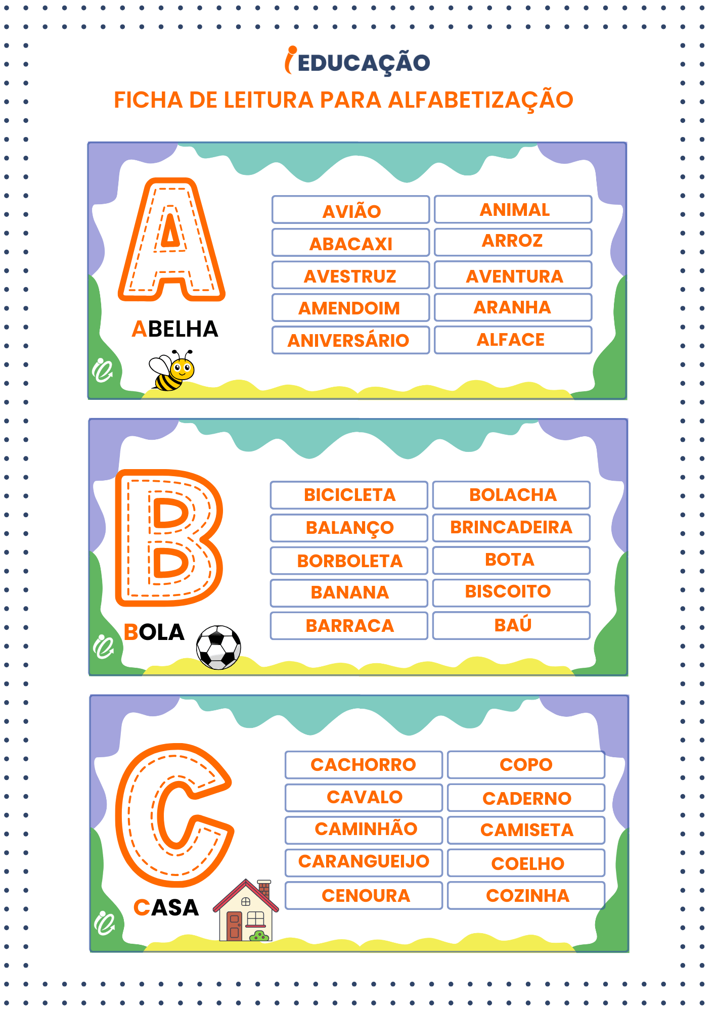 Fichas de Leitura do alfabeto para a alfabetização