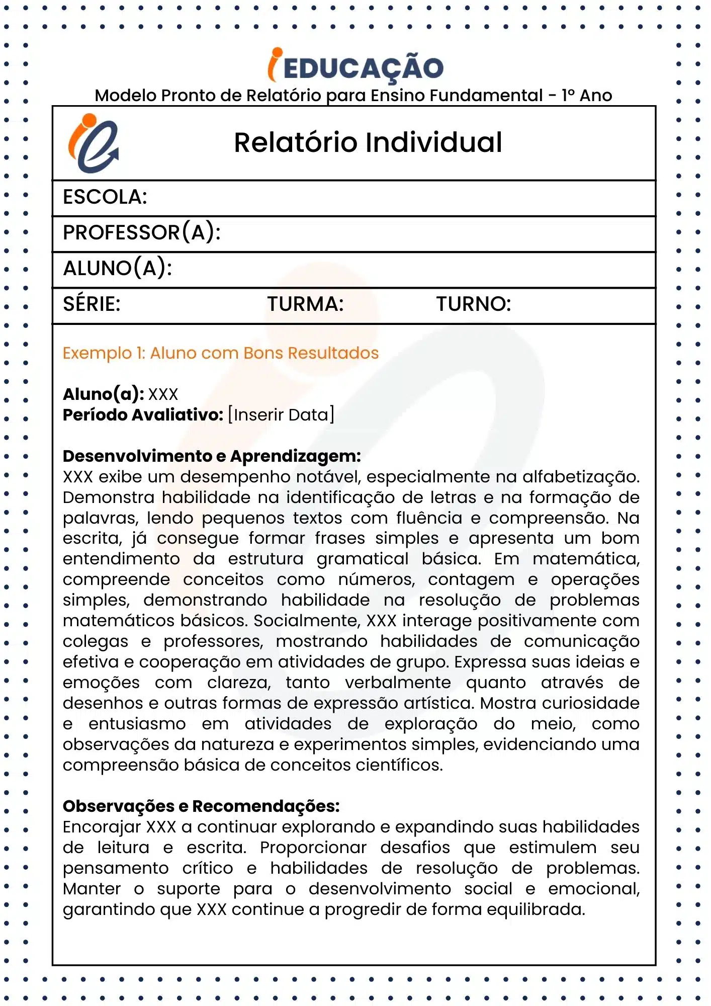 Modelos prontos de Relatório Individual para o 1º Ano - iEducação Modelo Pronto de Relatório Descritivo para 1º ano do Ensino Fundamental - BNCC - Exemplo 1.jpg