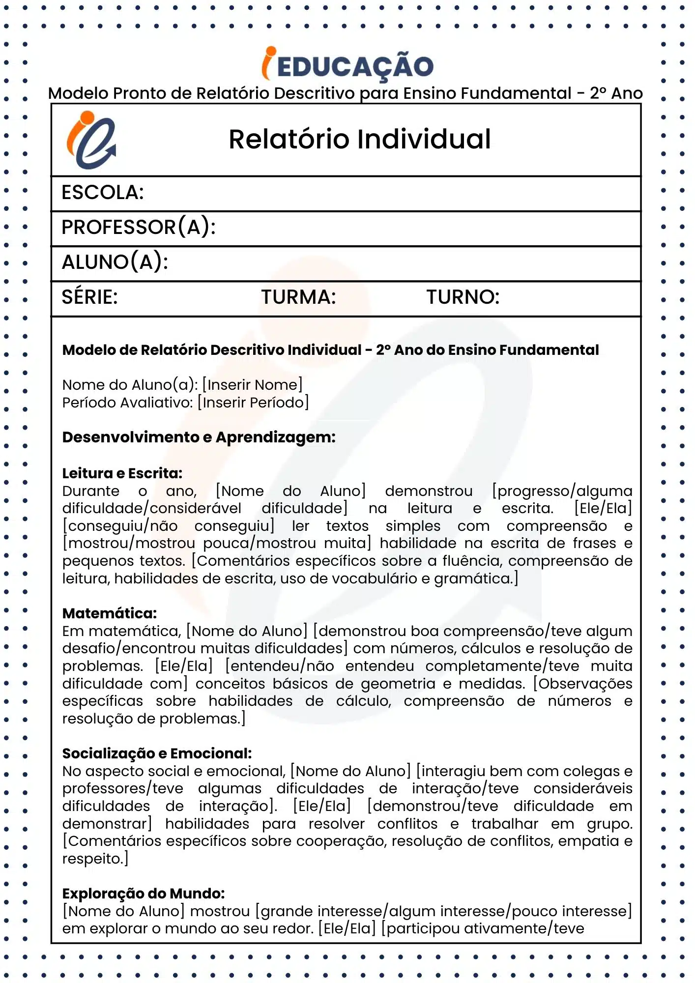 Relatório Individual do Aluno na Educação Infantil e Fundamental - iEducação Modelo Pronto de Relatório Descritivo para 2º ano do ensino fundamental - parte 1
