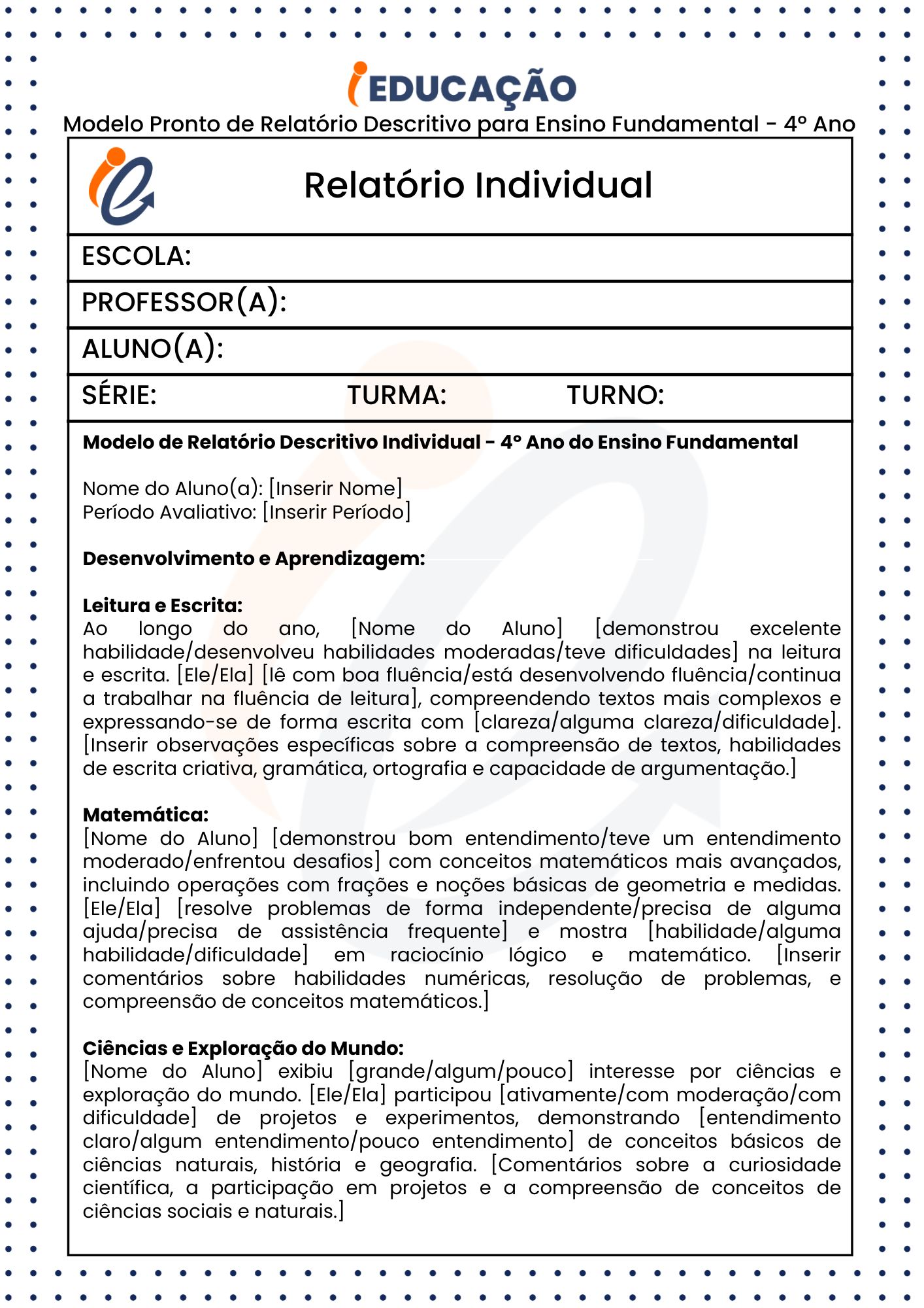 Modelo Pronto de Relatório Descritivo para Ensino Fundamental - 4º Ano parte 1