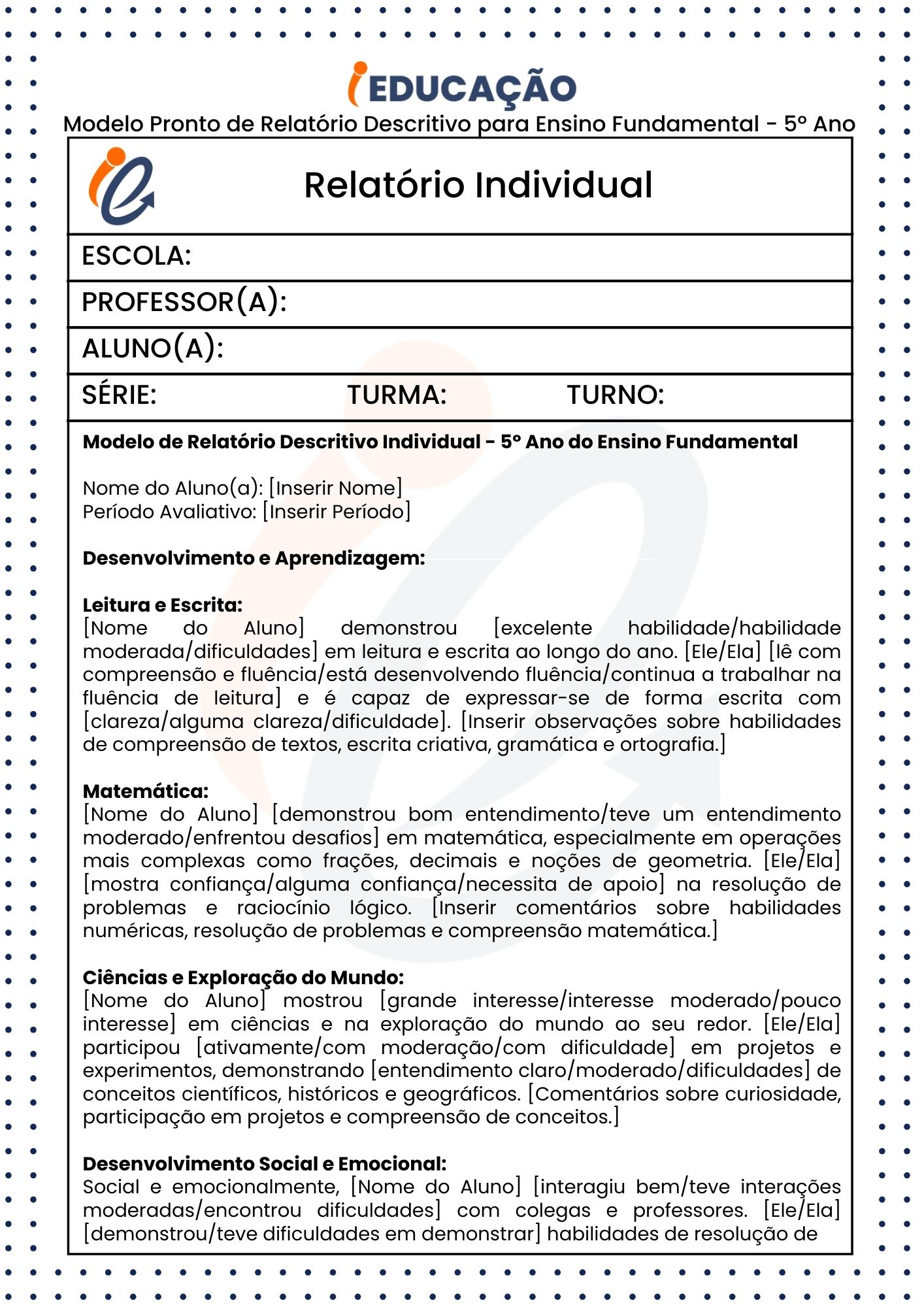 Modelo Pronto de Relatório Descritivo para Ensino Fundamental - 5º Ano parte 1