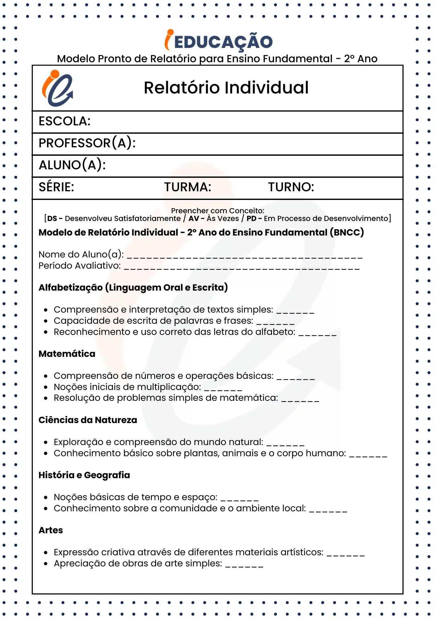 Relatório Individual do Aluno na Educação Infantil e Fundamental - iEducação Modelo Pronto de Relatório para 2º ano do ensino fundamental - conceitual parte 1