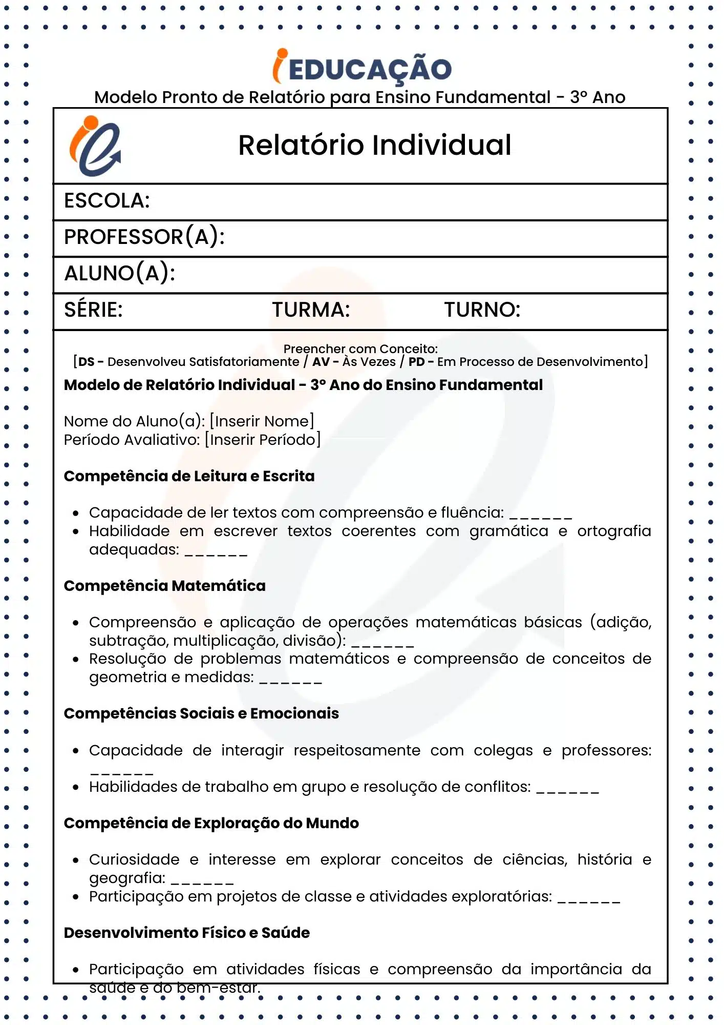 Relatório Individual do Aluno na Educação Infantil e Fundamental - iEducação Modelo Pronto de Relatório para 3º ano do ensino fundamental - conceitual parte 1