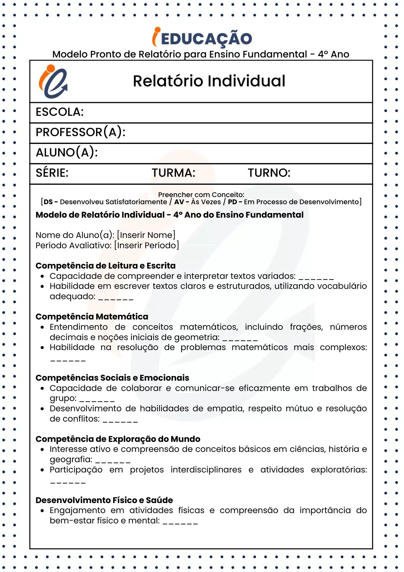 Relatório Individual do Aluno na Educação Infantil e Fundamental - iEducação Modelo Pronto de Relatório para 4º ano do ensino fundamental - conceitual parte 1