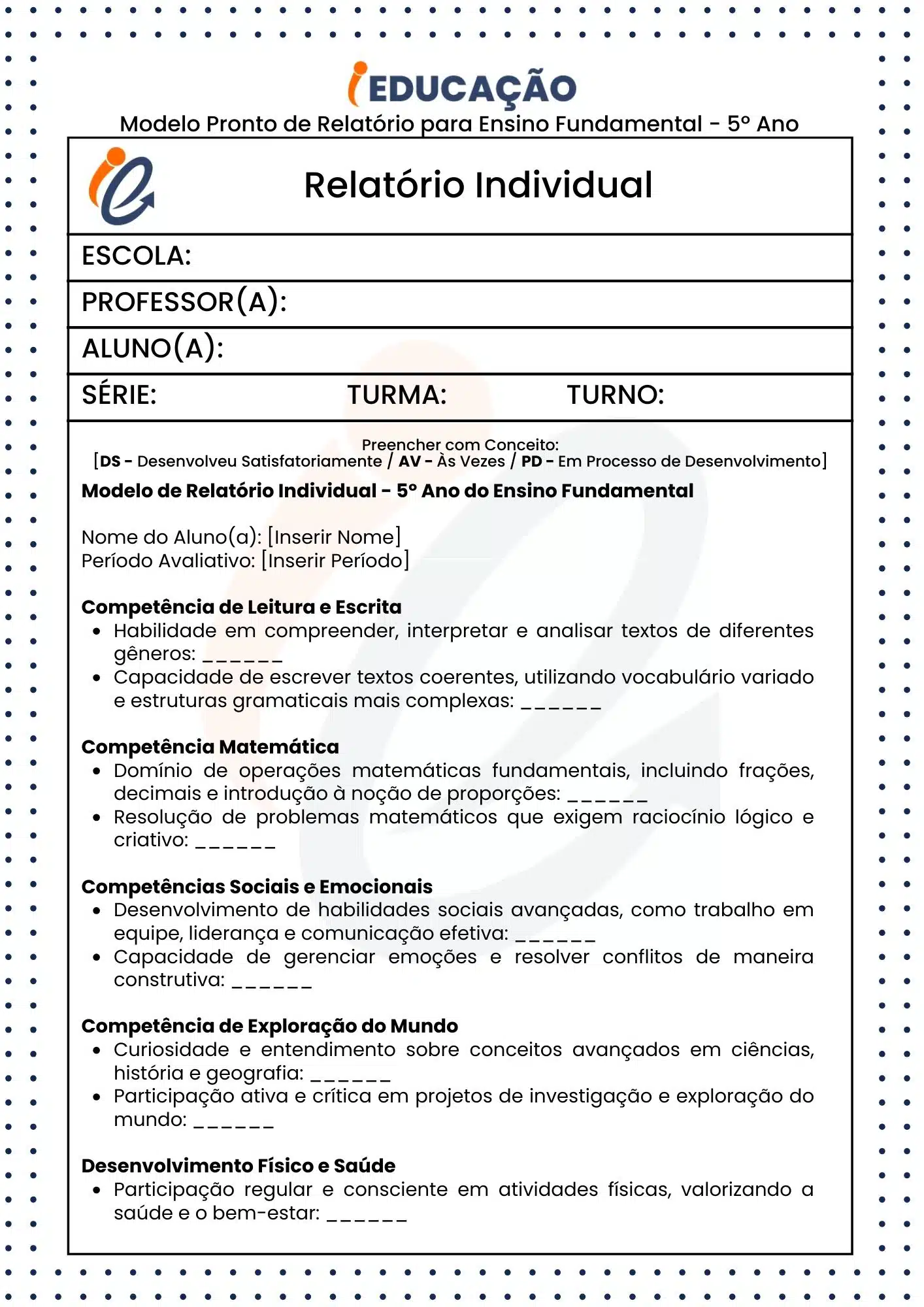 Relatório Individual do Aluno na Educação Infantil e Fundamental - iEducação Modelo Pronto de Relatório para 5º ano do ensino fundamental - conceitual parte 1