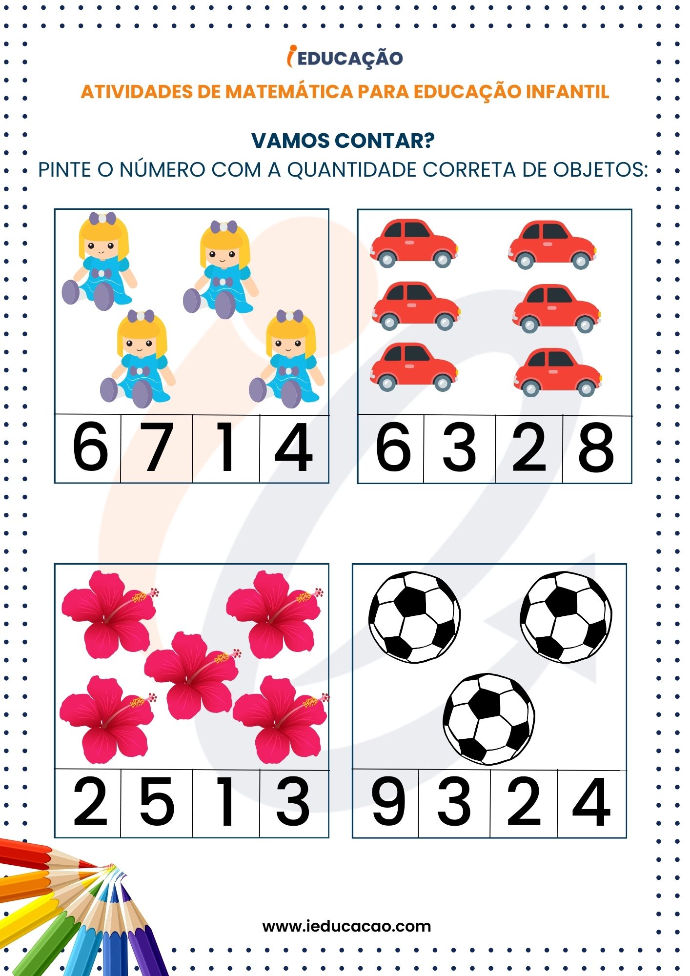Atividade de Matemática para Educação Infantil pintar os números corretos