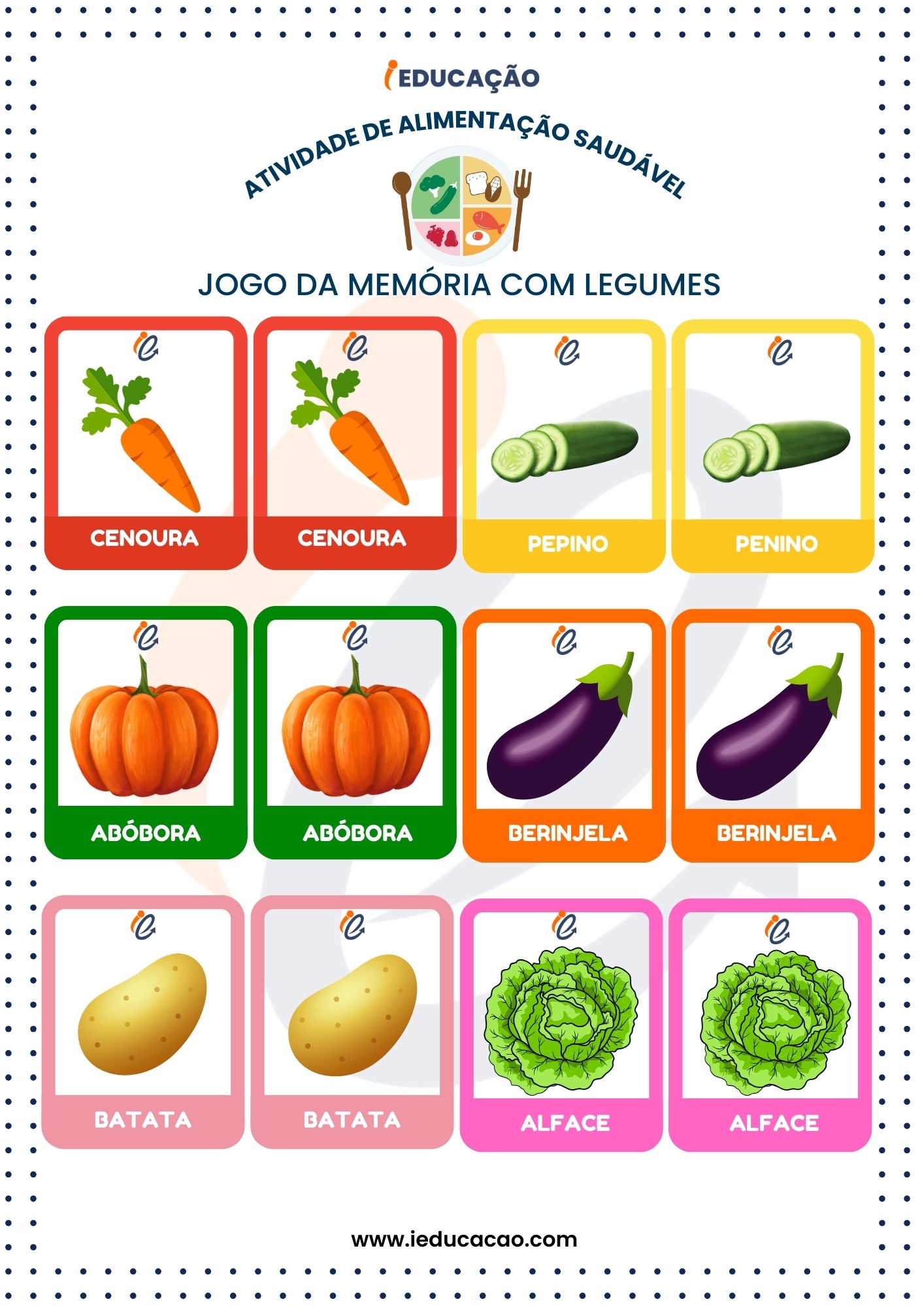Atividades de Alimentação Saudável com jogo da memória com legumes. 