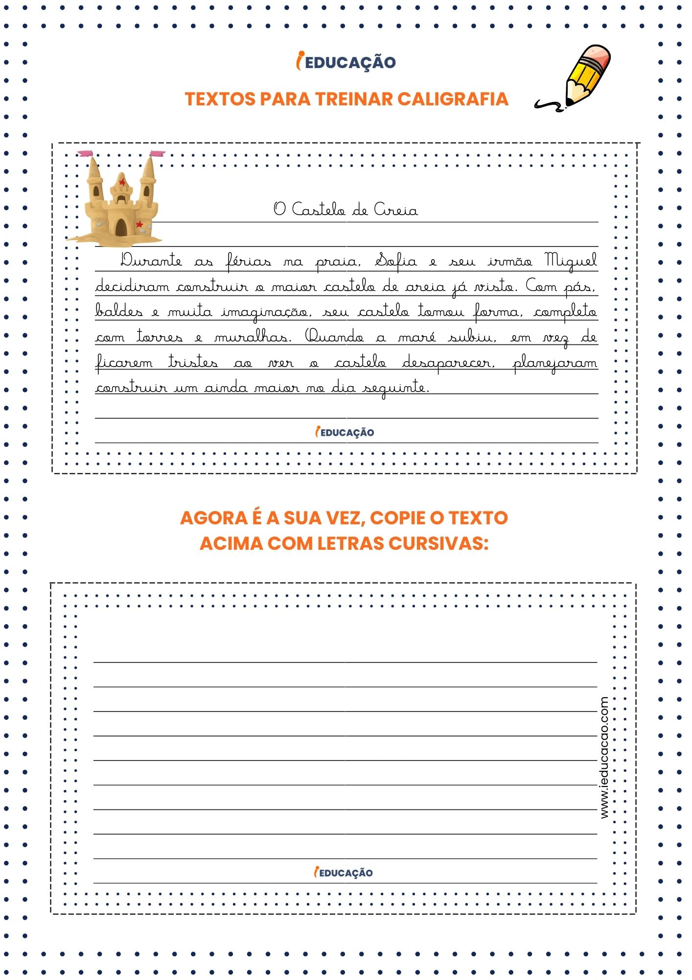 Textos para treinar caligrafia - Castelo de Areia - Atividades de caligrafia e leitura