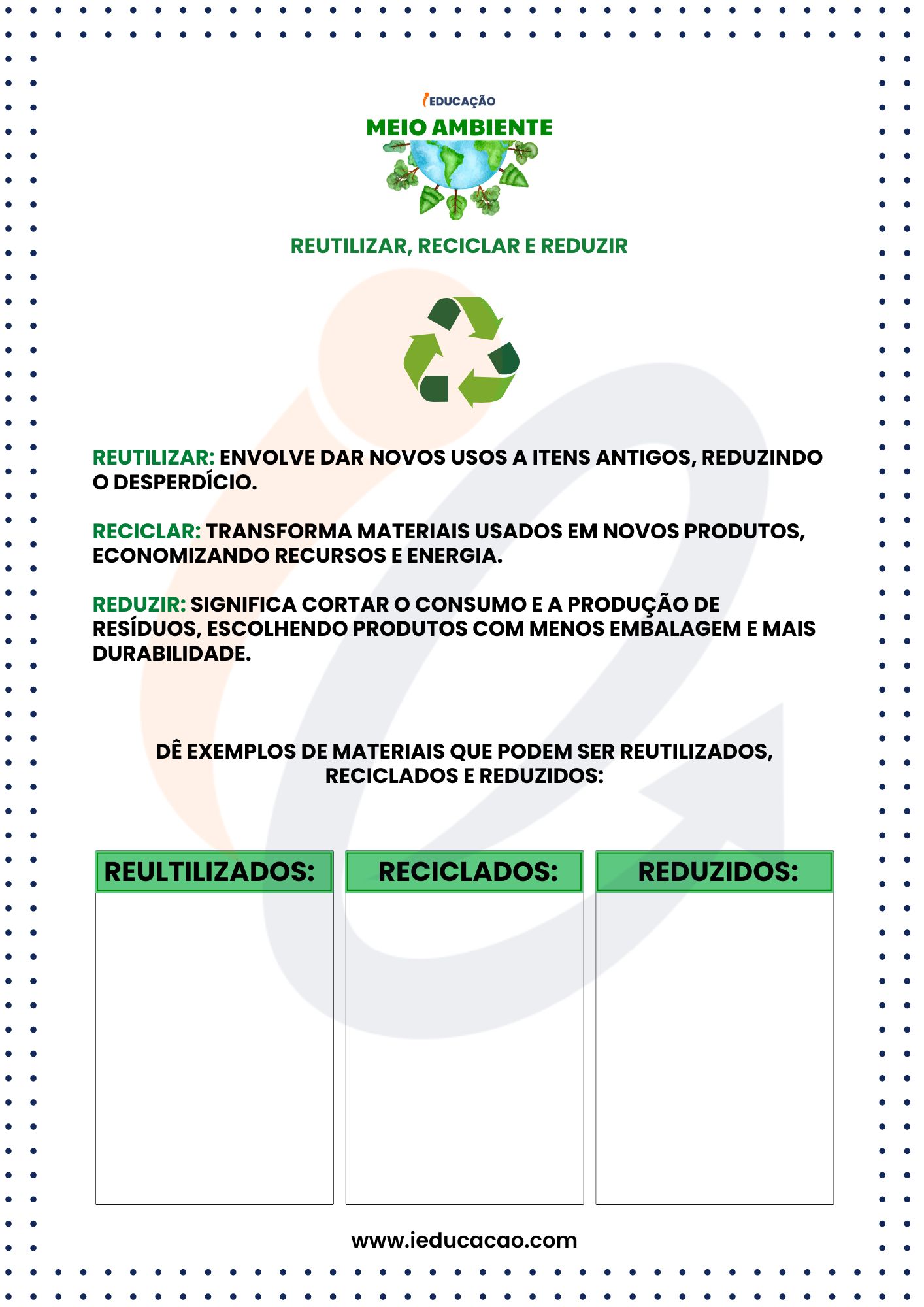 Atividades do Meio Ambiente 3 Ano - Atividade Sobre reciclar, reutilizar e reduzir