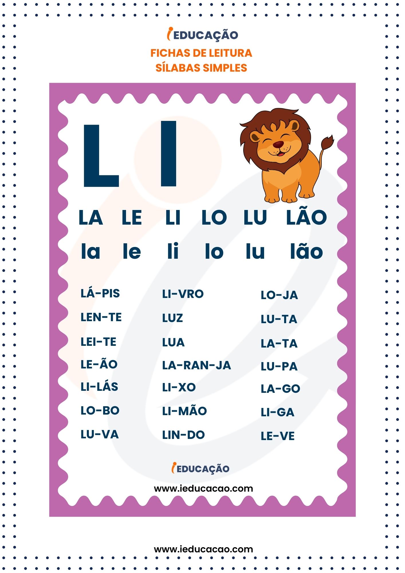 Fichas de Leitura Silabas Simples - silabas La le li lo lu