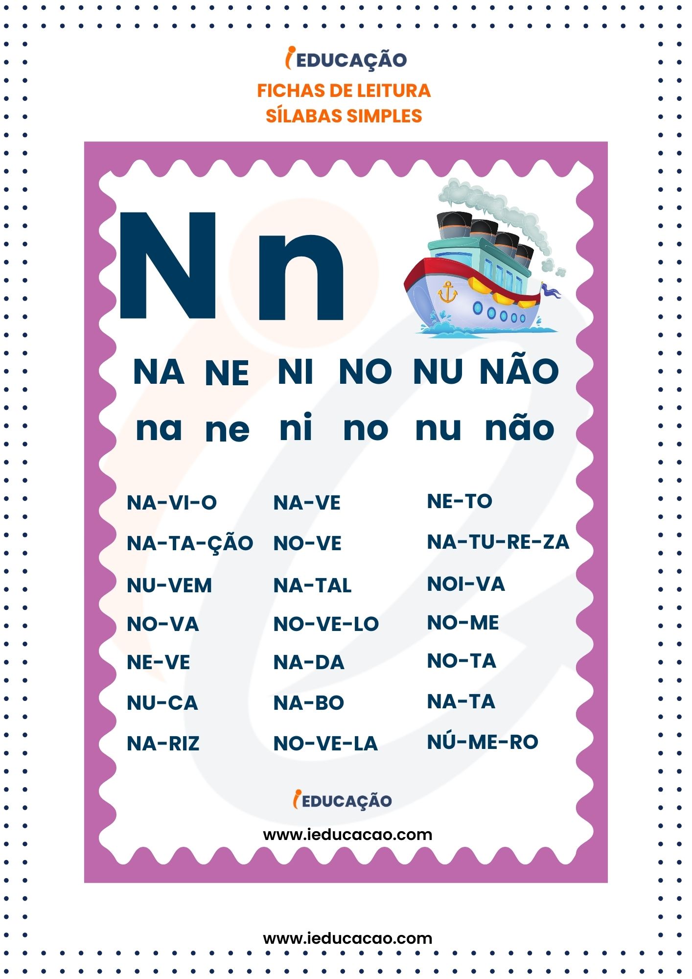 Fichas de Leitura Silabas Simples - silabas NA ne ni no nu