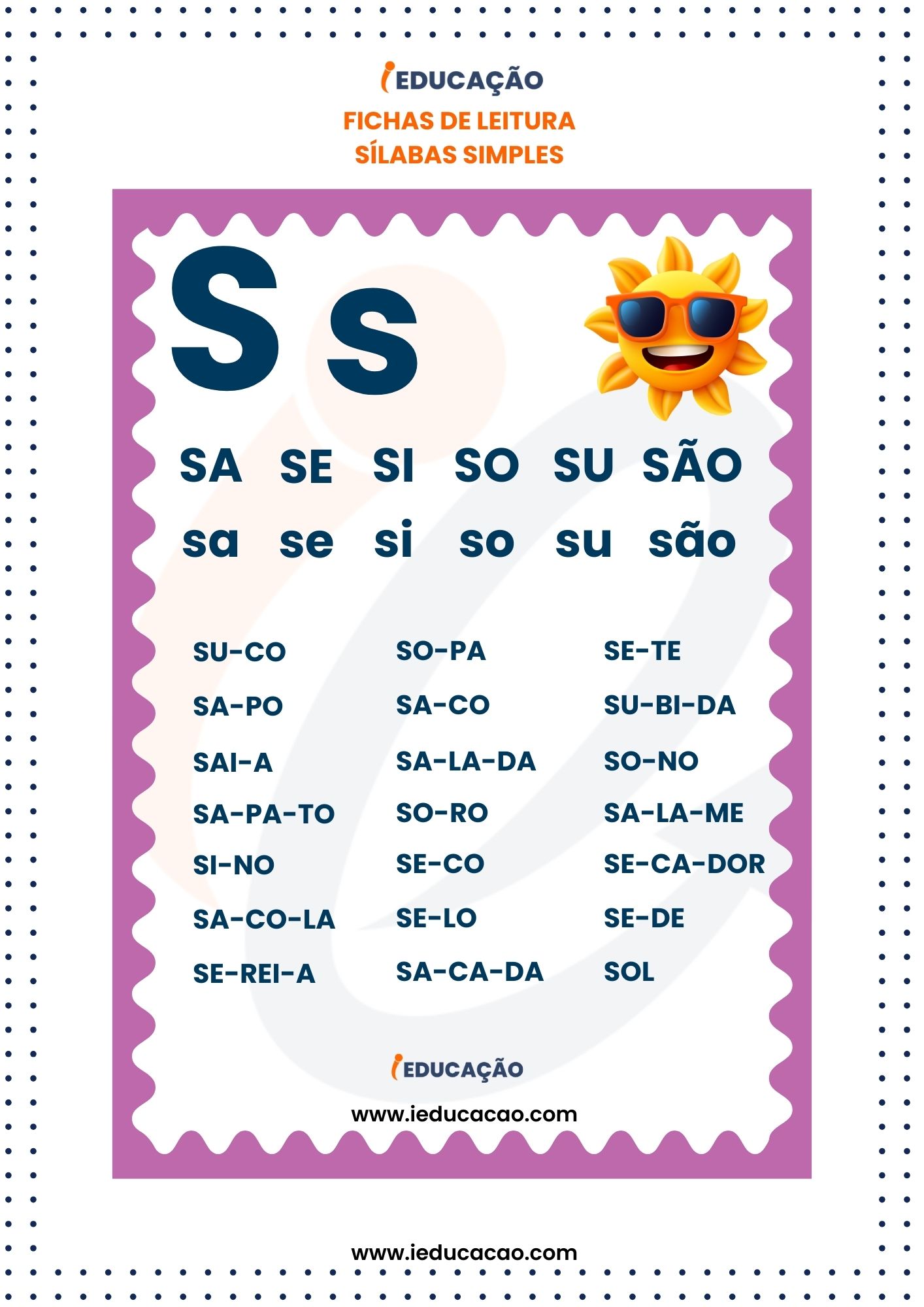 Fichas de Leitura Silabas Simples - silabas Sa se si so su