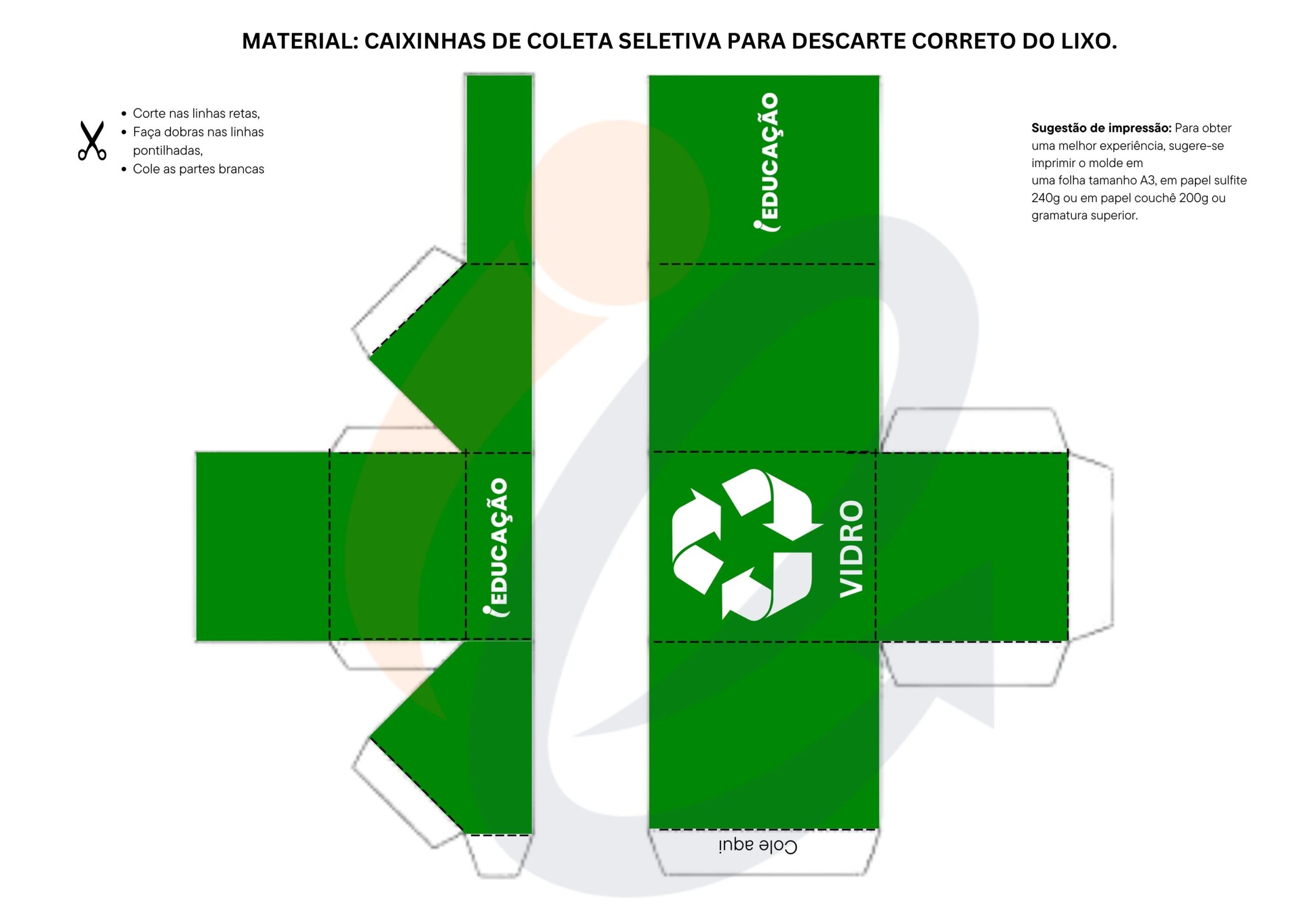 Recursos pedagógicos para o Dia do Meio Ambiente - caixinhas de coleta seletiva para descarte correto do lixo. Lixo verde para descarte de vidro para reciclagem