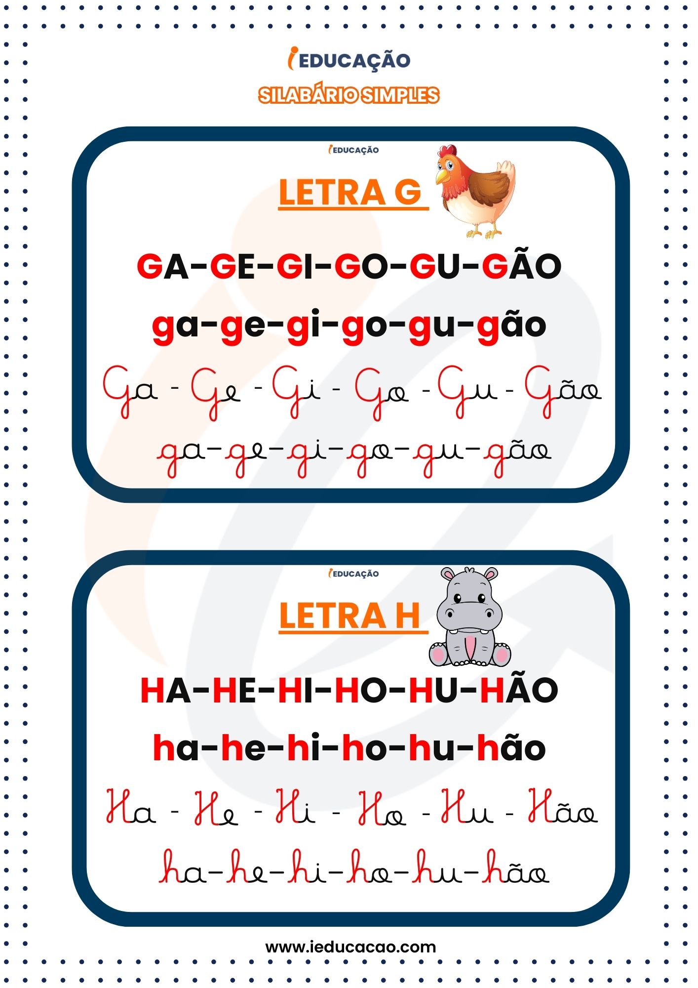 Silabário Simples Quatros Tipos de Letras- g e h