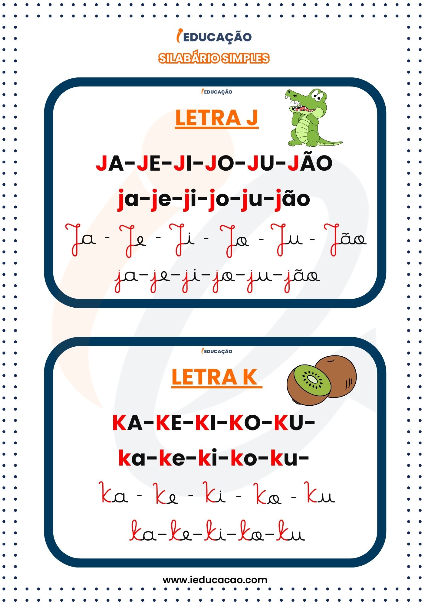 Silabário Simples Quatros Tipos de Letras j e k