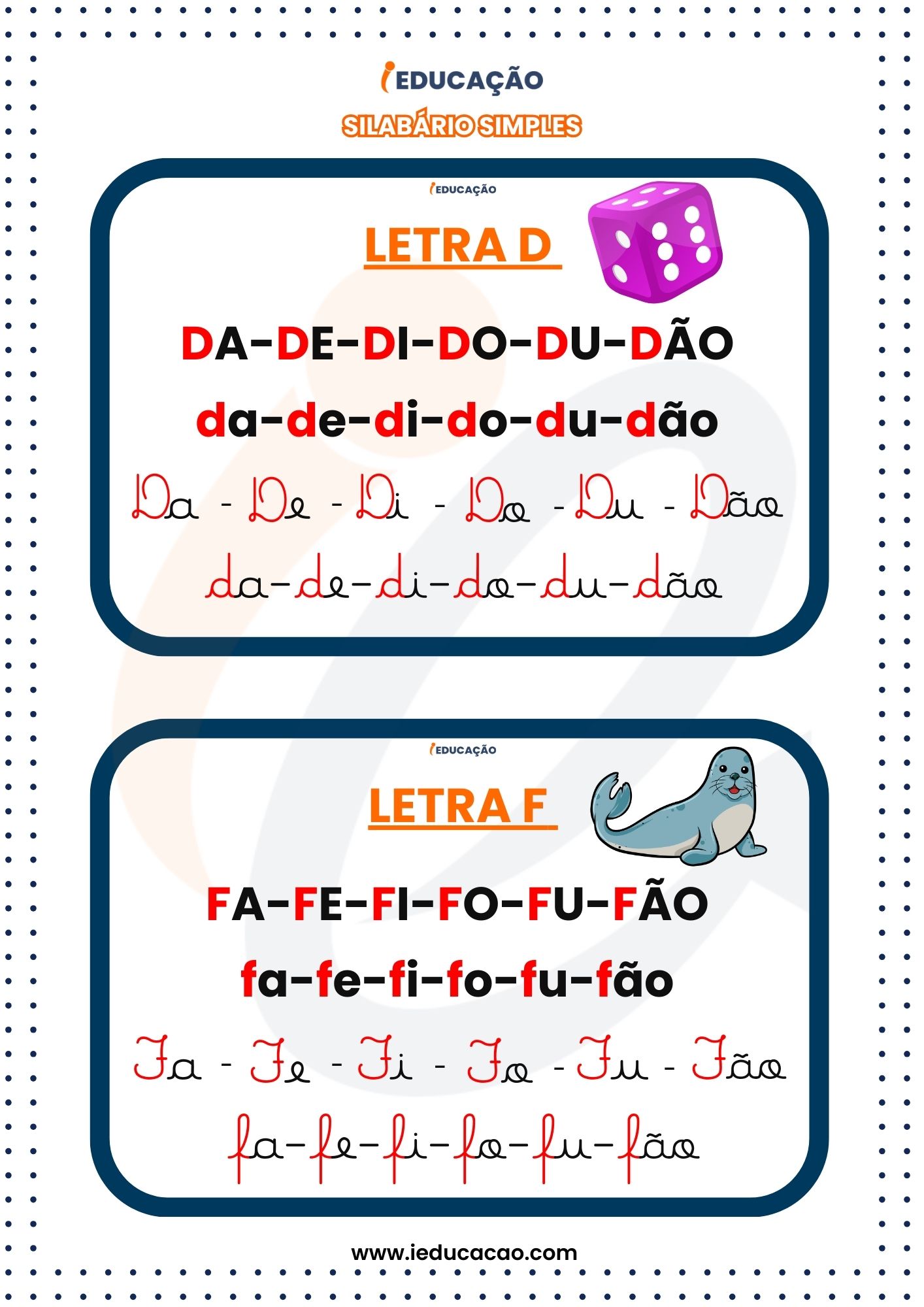 Silabário Simples Quatros Tipos de Letras- letras d e f