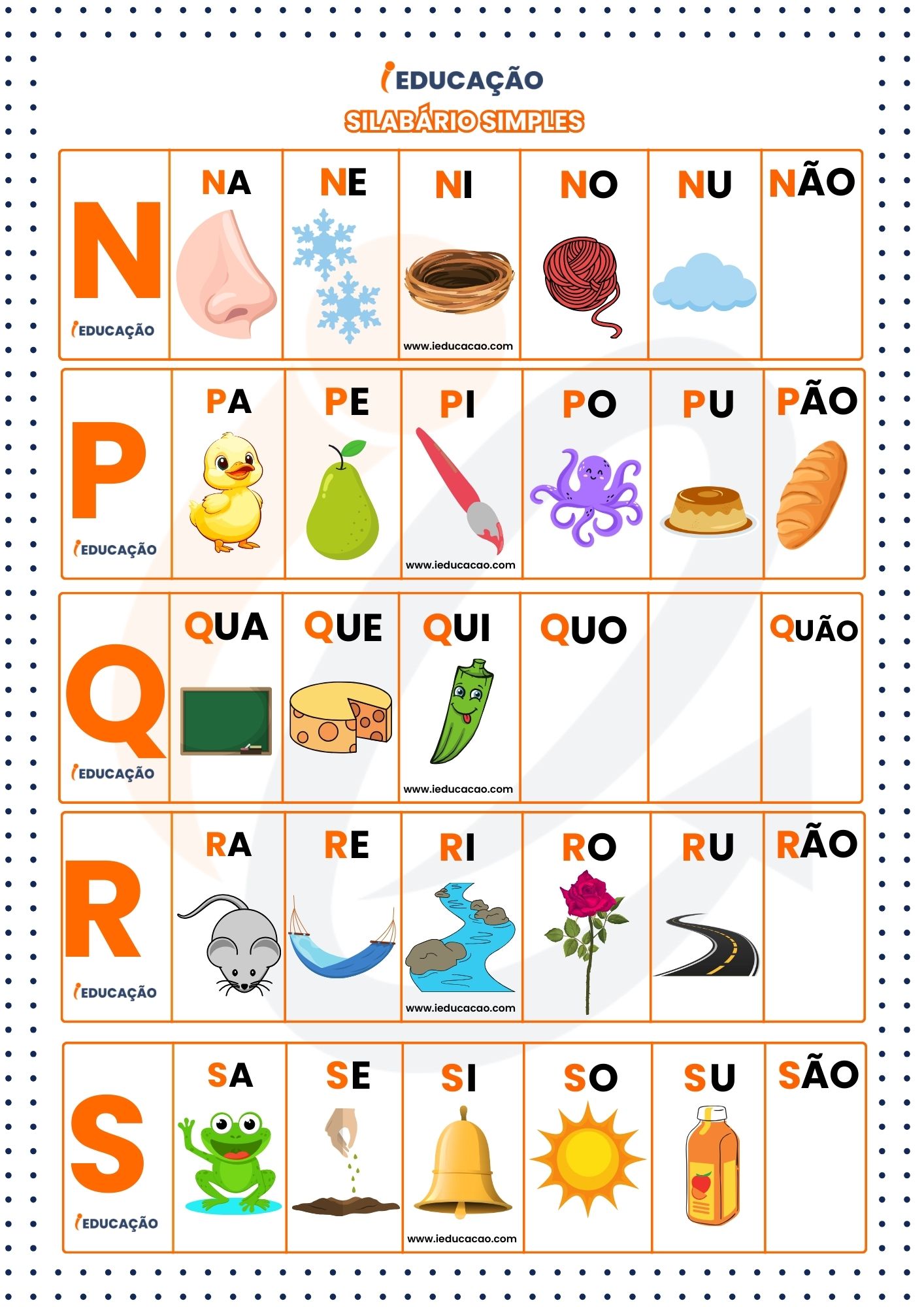 Silabário Simples com figuras representativas com letras n a s- Silabário Simples ilustrativo