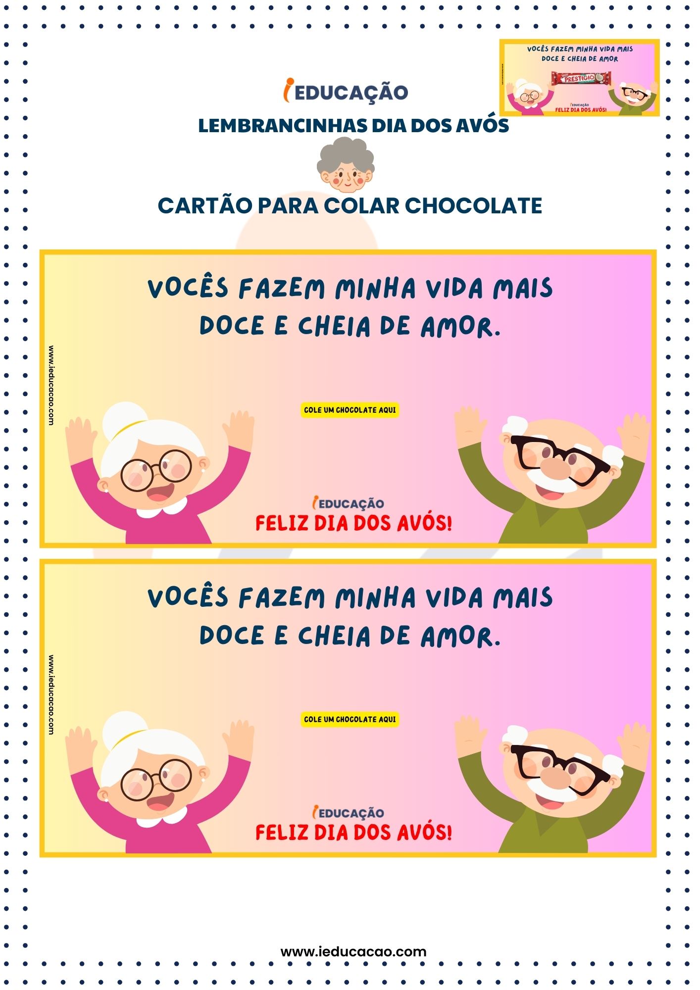 Lembrancinhas Dia dos Avós- Cartão para Colar Chocolate Dia dos Avós