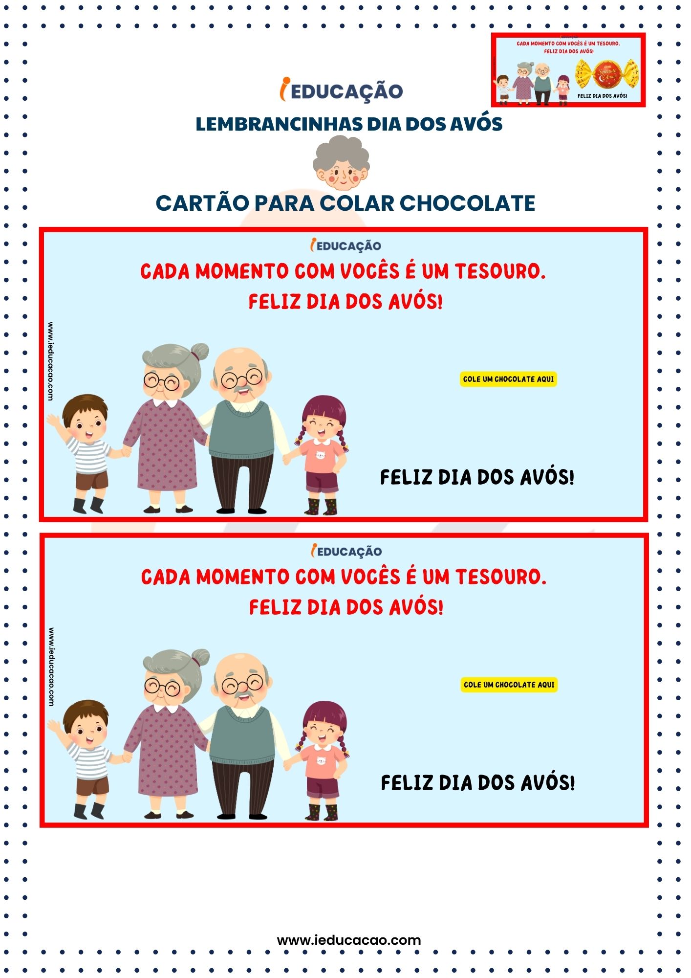 Lembrancinhas Dia dos Avós- Cartão para Colocar Chocolate