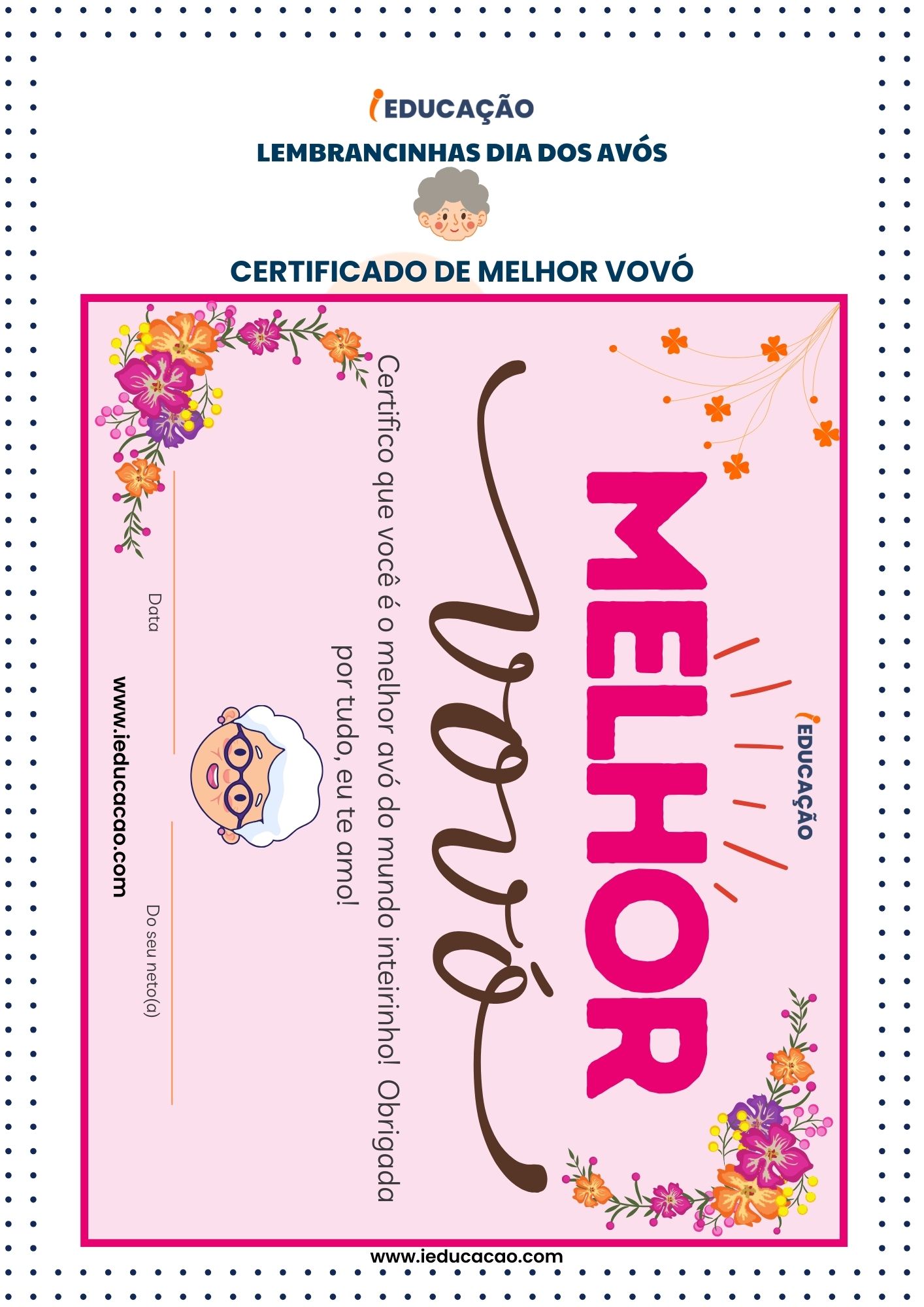 Lembrancinhas Dia dos Avós- Certificado de Melhor Vó