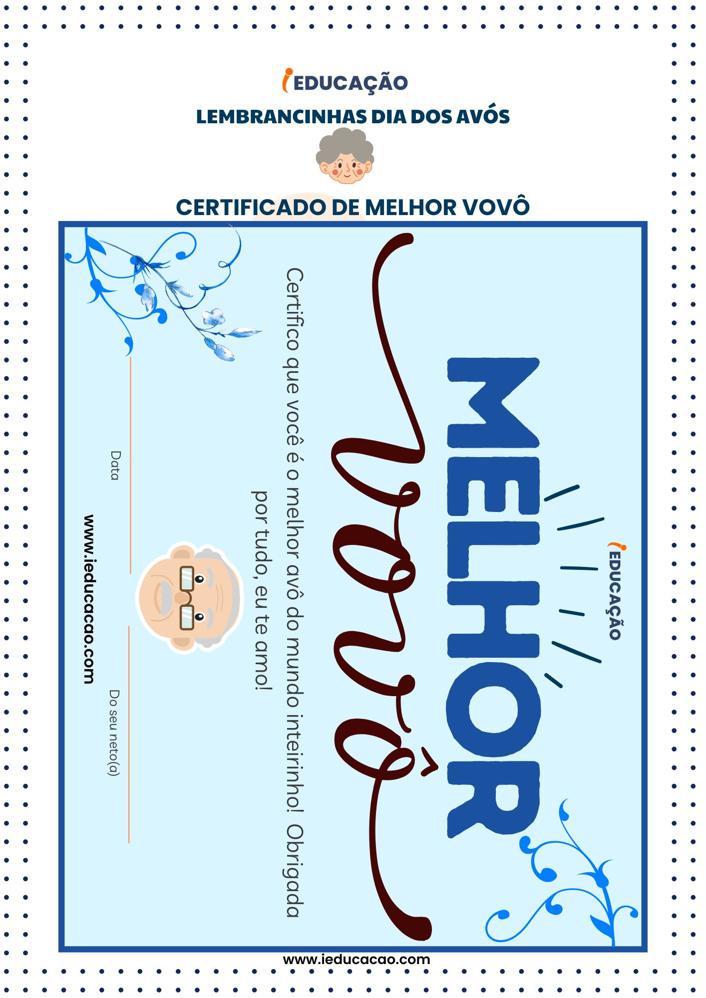 Lembrancinhas Dia dos Avós- Certificado de Melhor Vô_