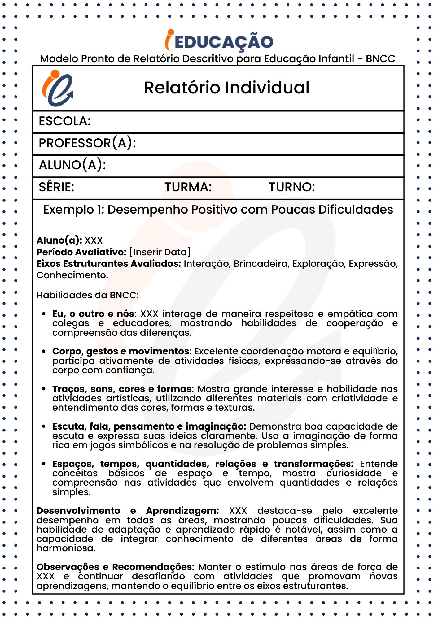 Modelo Pronto de Relatório Descritivo para Educação Infantil - BNCC - Exemplo 1 com desempenho positivo.