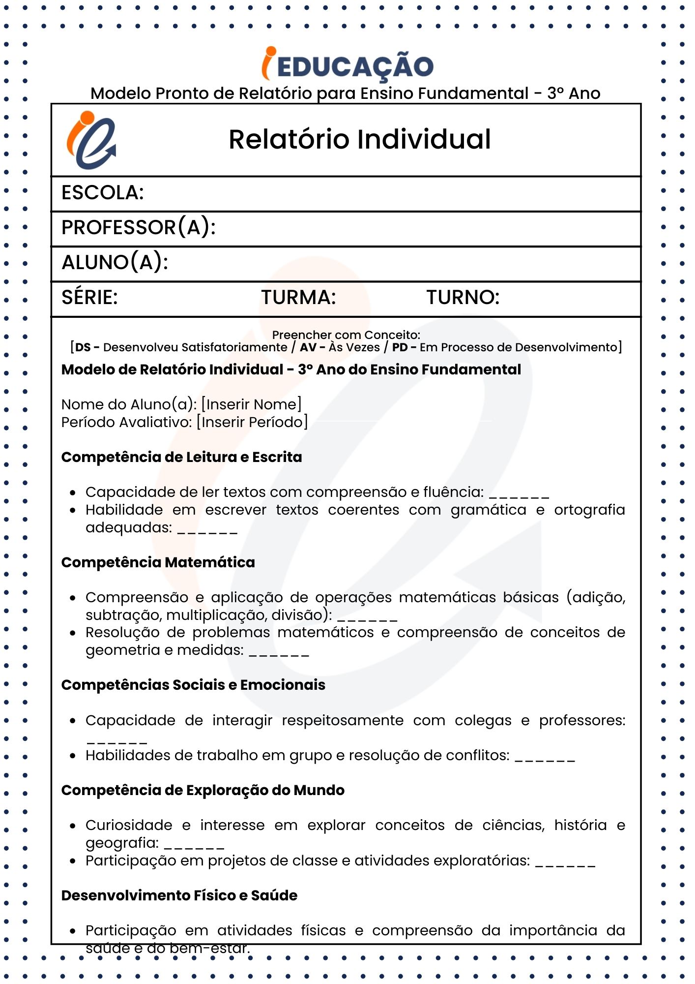 Modelo Pronto de Relatório para 3º ano do ensino  fundamental - conceitual parte 1 - Relatório Individual do Aluno para o 3º Ano.