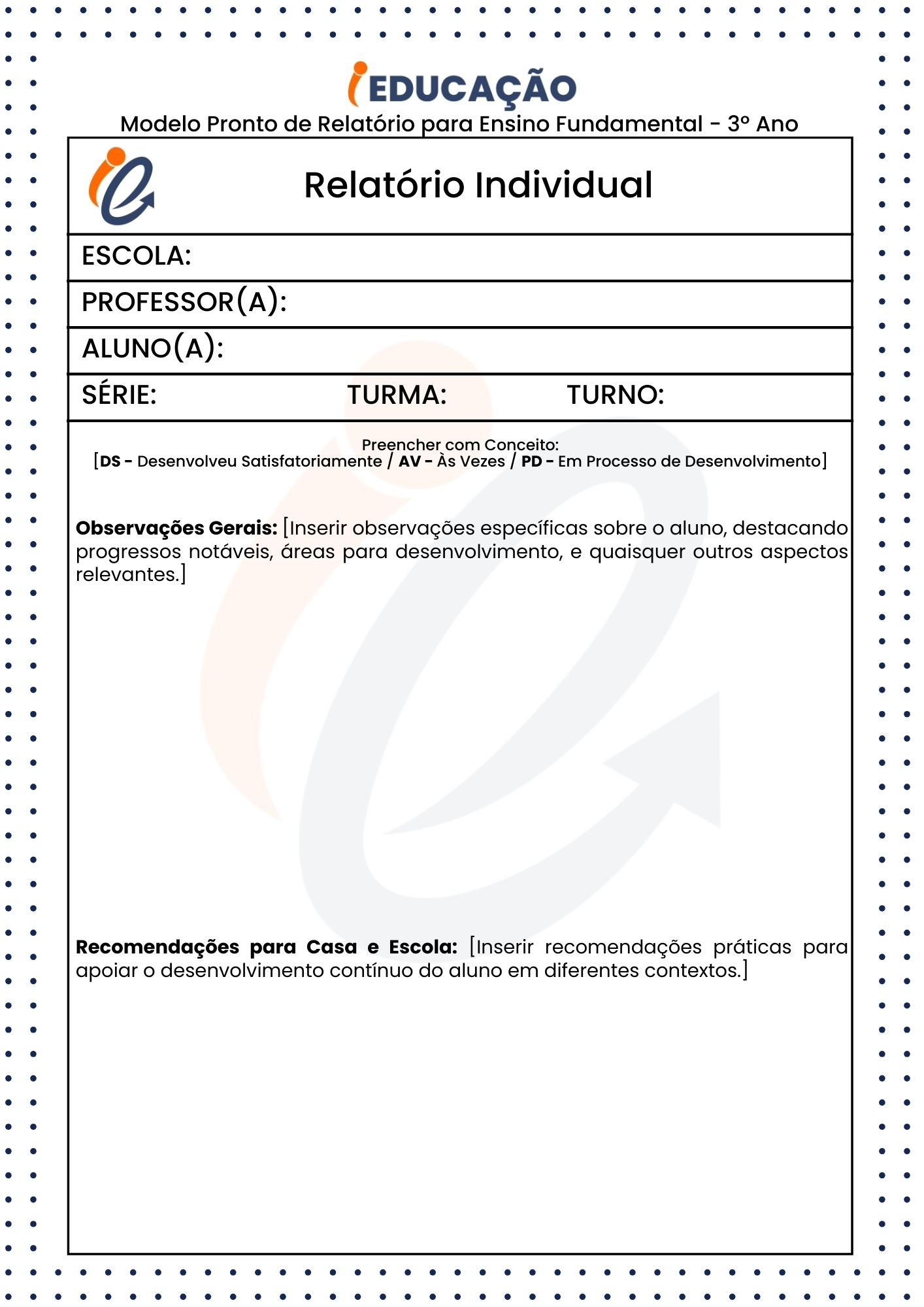 Modelo Pronto de Relatório para 3º ano do ensino  fundamental - conceitual parte 2 - Relatório Individual do Aluno para o 3º Ano.