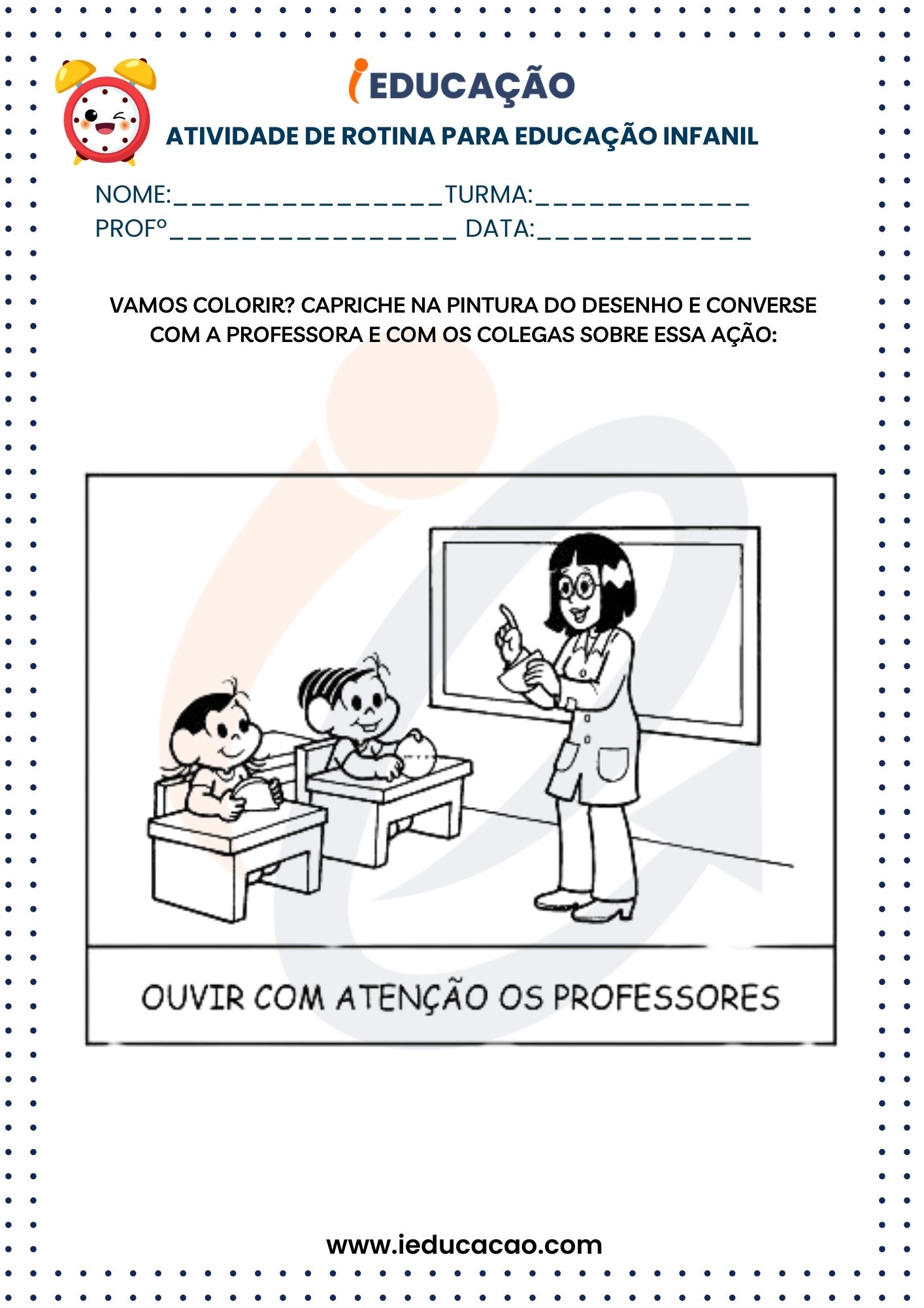 Rotina na Educação Infantil - Atividades e Recursos Pedagógicos- Desenho para colorir da Turma da Mônica.