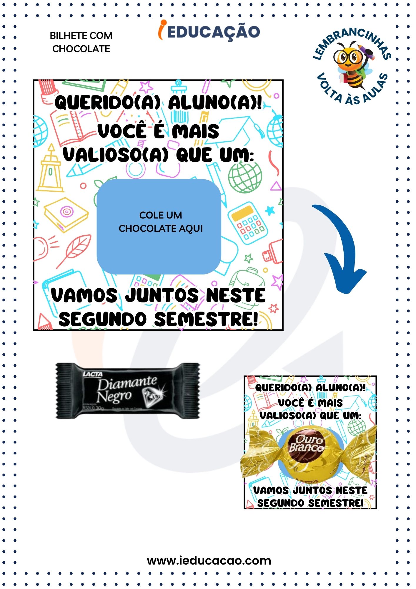 lembrancinhas de voltas as aulas para educação infantil - Bilhete de volta as aulas com bombom.